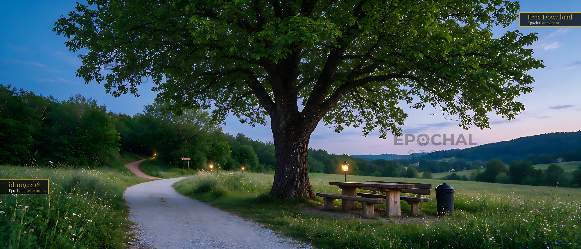 Watermarked full-resolution preview of Picnic benches beneath a large shade tree in the countryside