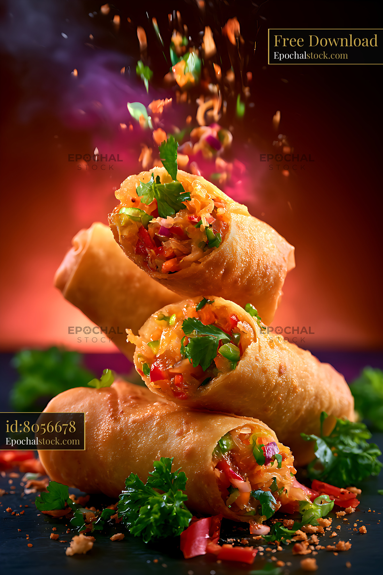 Watermarked full-resolution preview of Fried rolls filled with vegetables stacked on a dark background