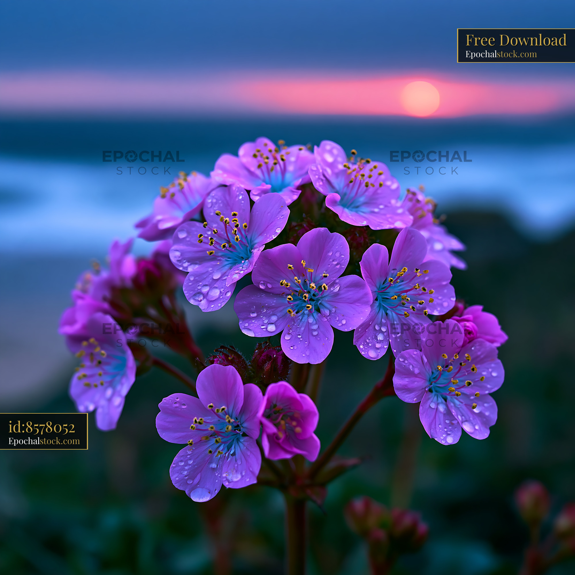 Watermarked full-resolution preview of Flowers with drops during sunset by the beach