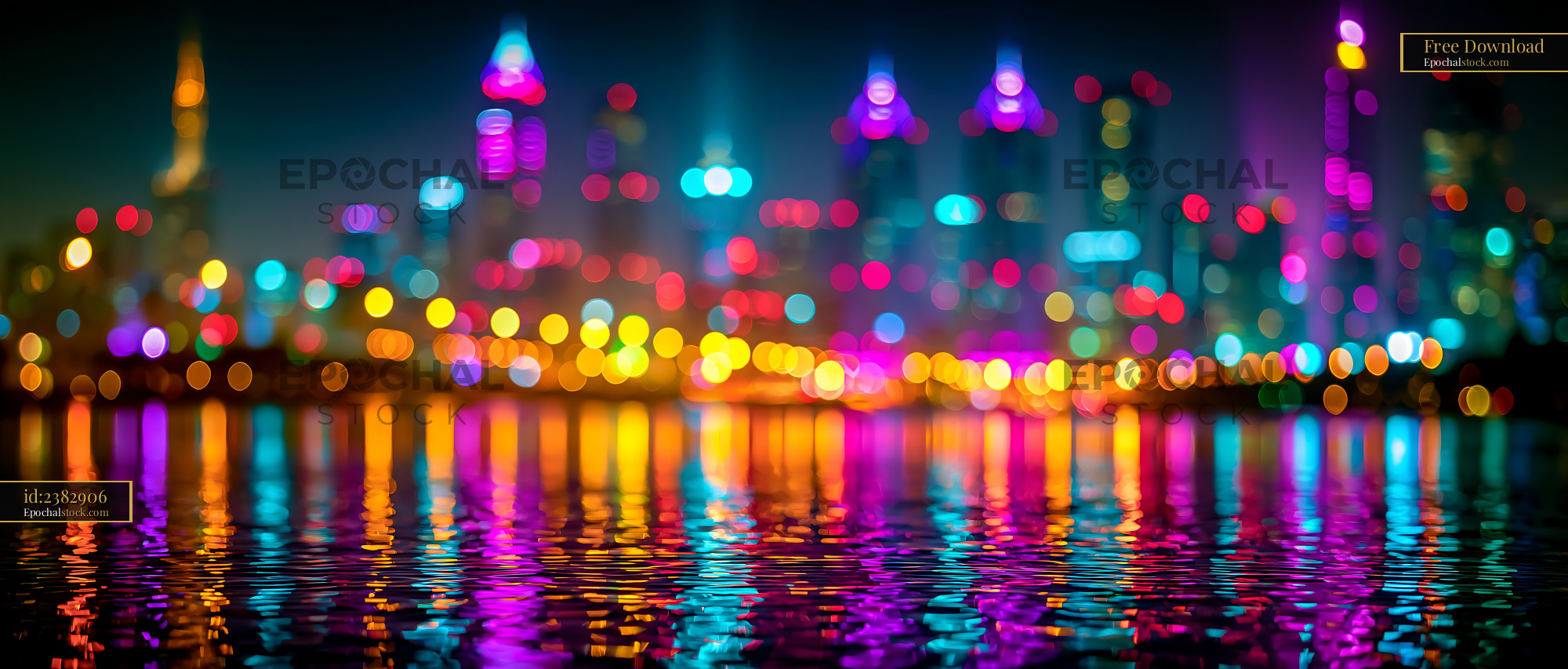 Watermarked full-resolution preview of City skyline with colorful lights reflecting on water