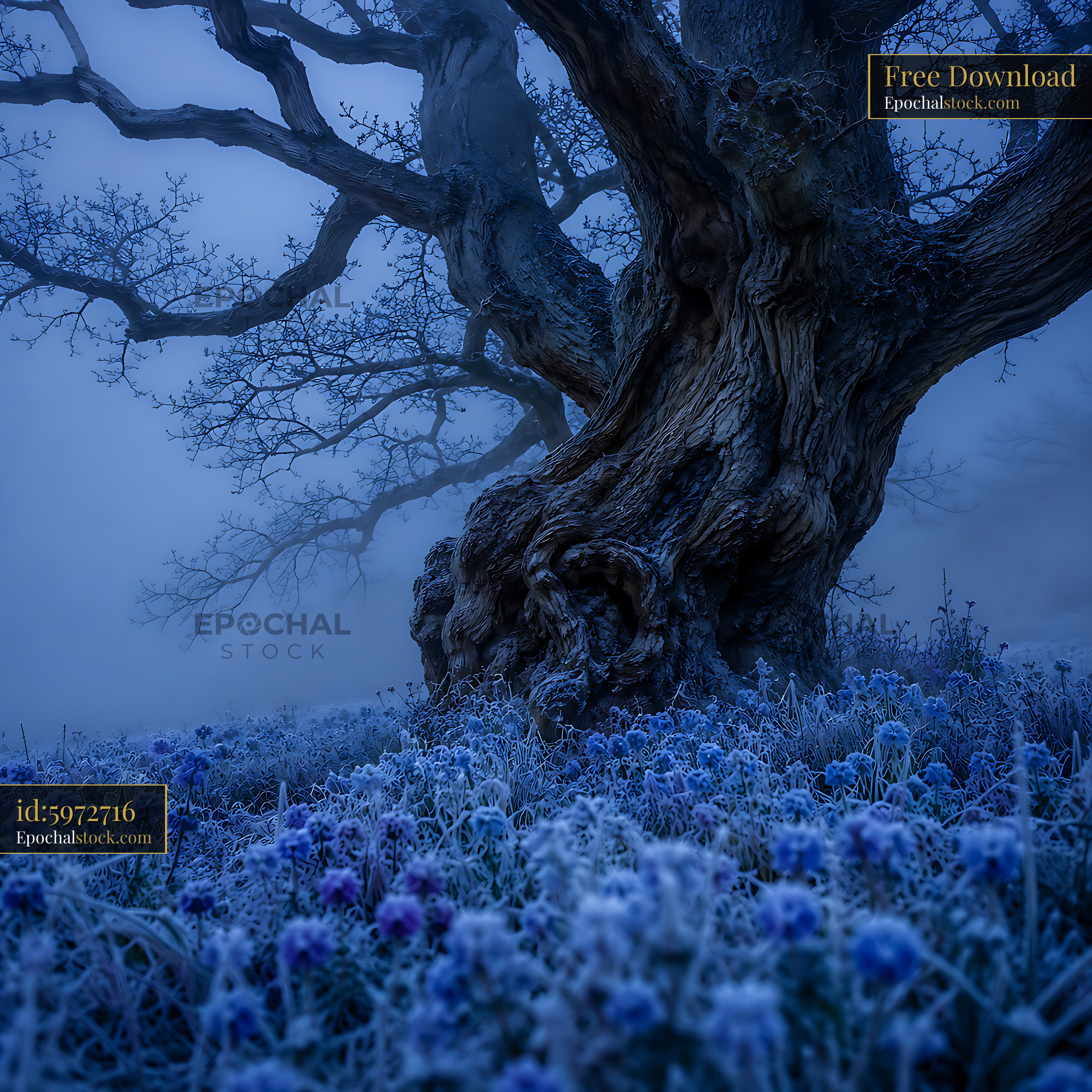 Tree Stands in Fog With Blue Flowers at Dawn in Winter - stock photo