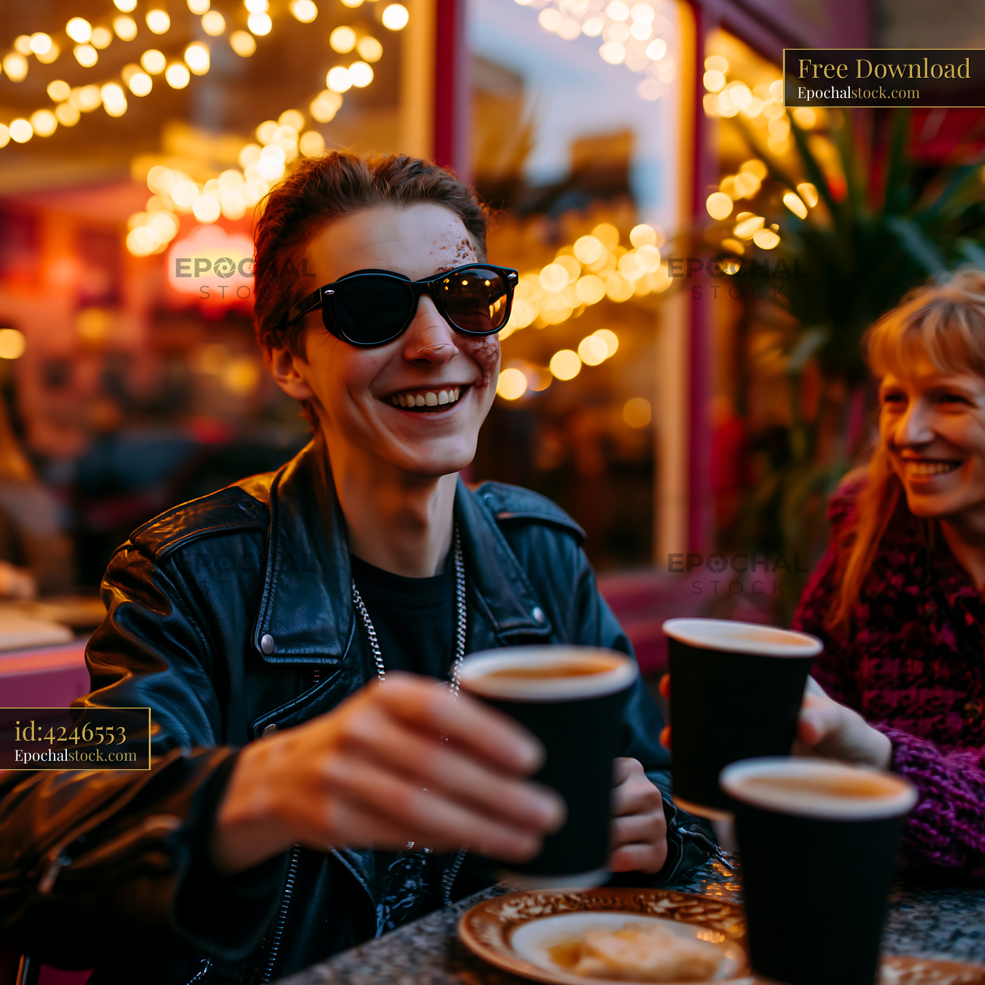 Laughing Young Man With Eye Patch Enjoying Coffee With Friend - stock photo