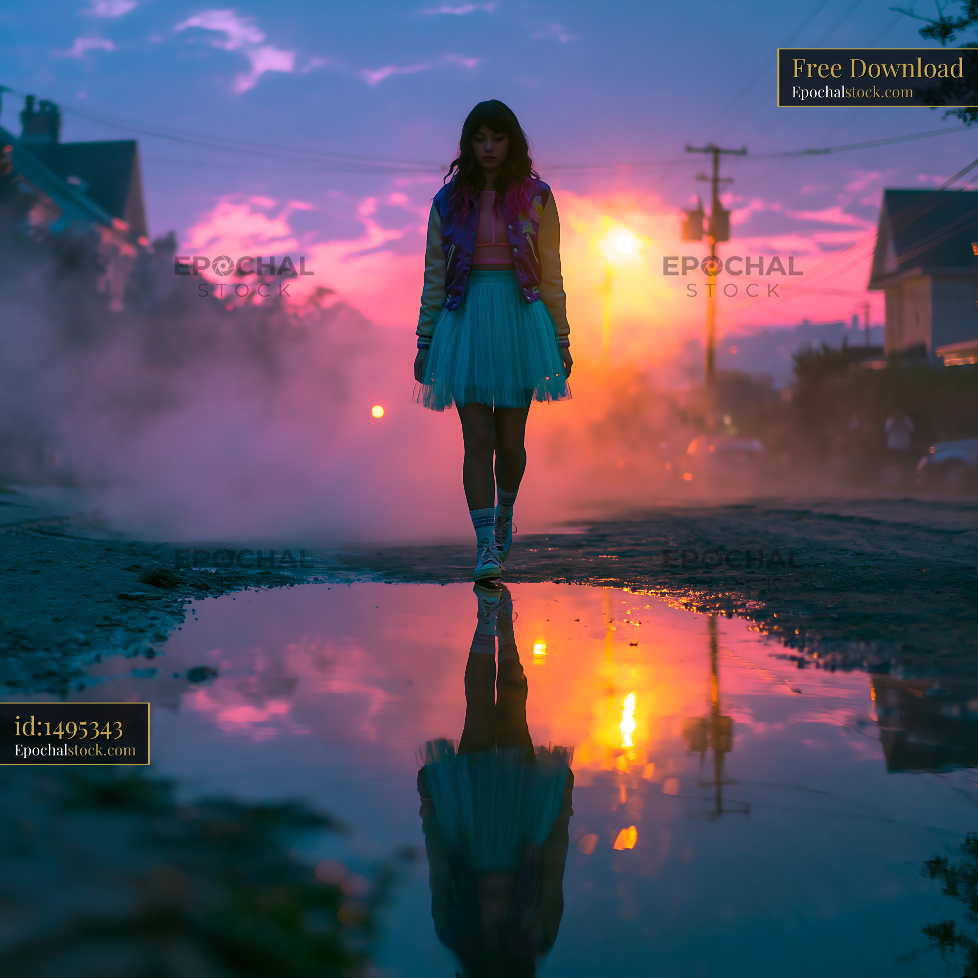 Watermarked full-resolution preview of Woman walking on a street at sunset with reflections in water