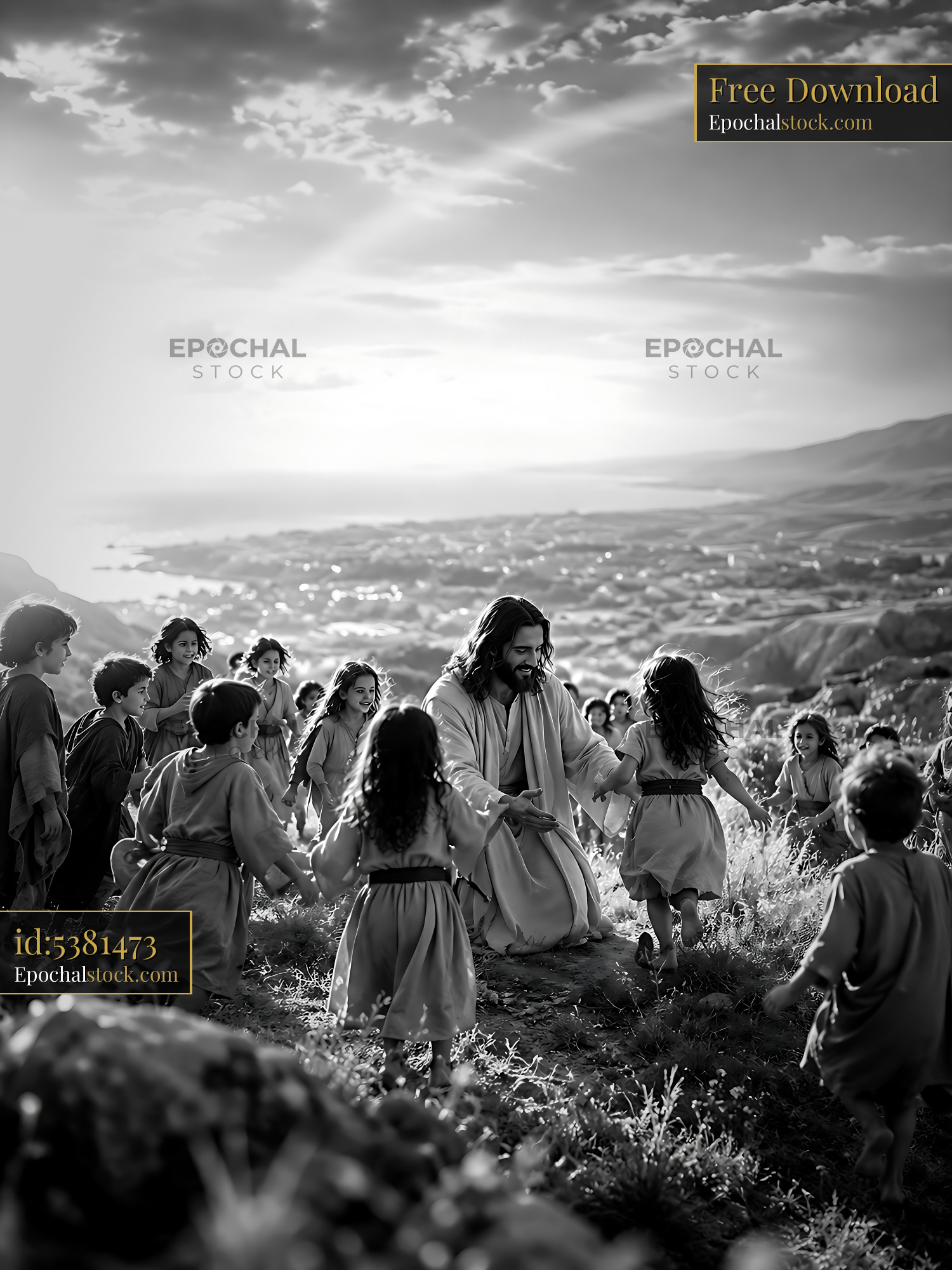 Watermarked full-resolution preview of Children gather around a figure in a landscape setting
