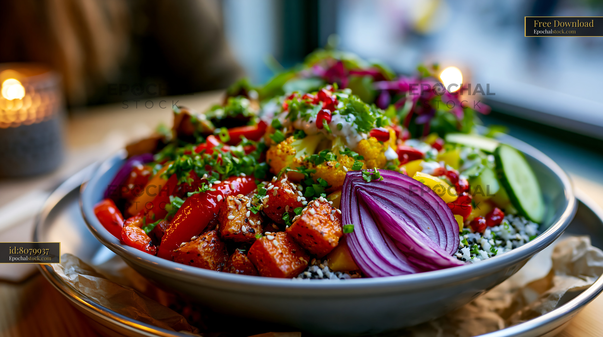Watermarked full-resolution preview of Colorful vegetable and tofu bowl on a table near a window
