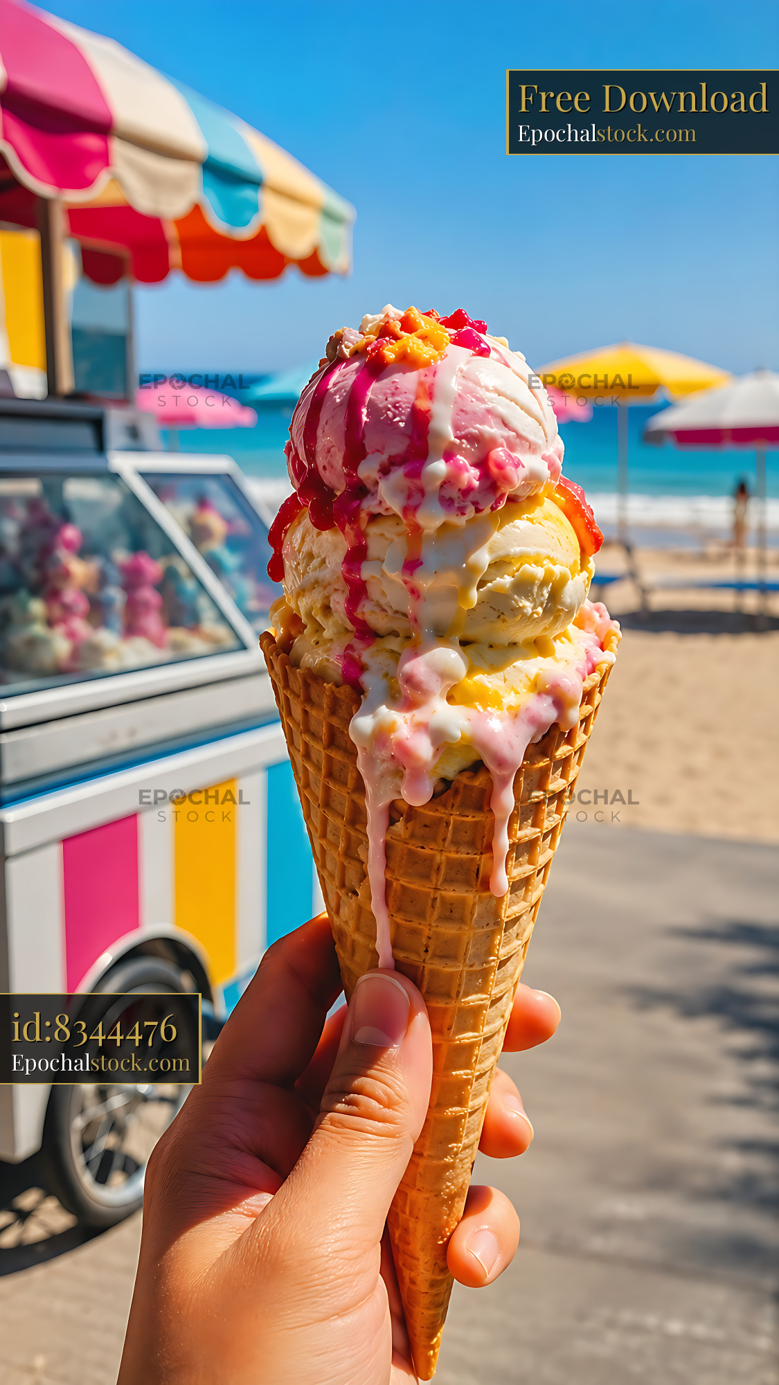 Watermarked full-resolution preview of Colorful ice cream cone by the beach on a sunny day