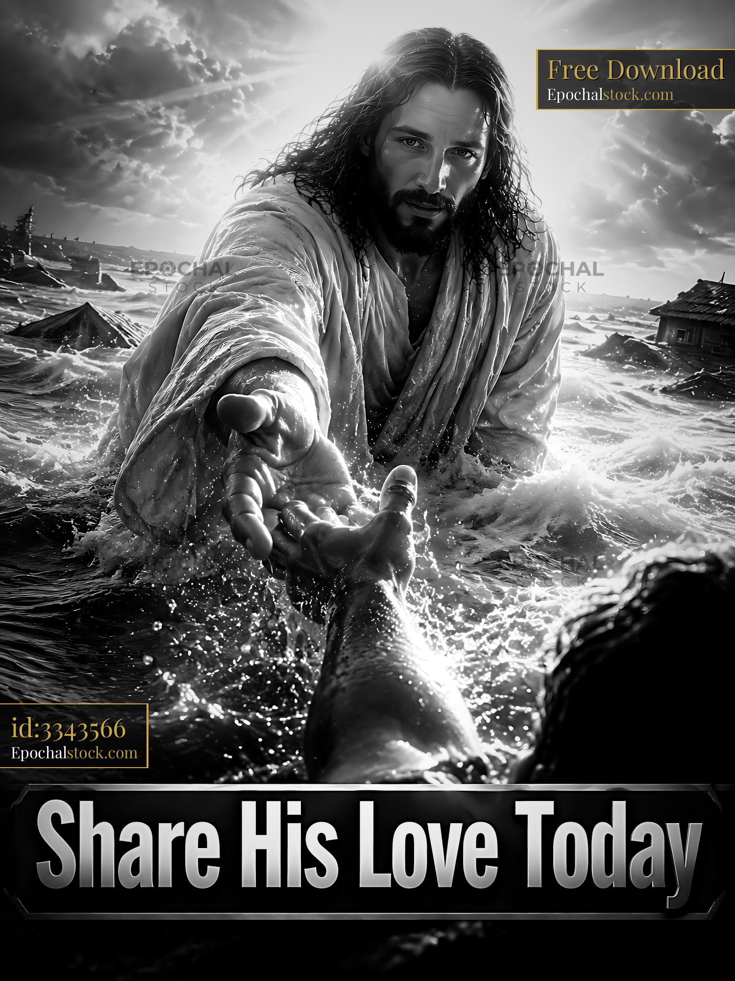 Watermarked full-resolution preview of Jesus reaching out to save a person in a stormy sea