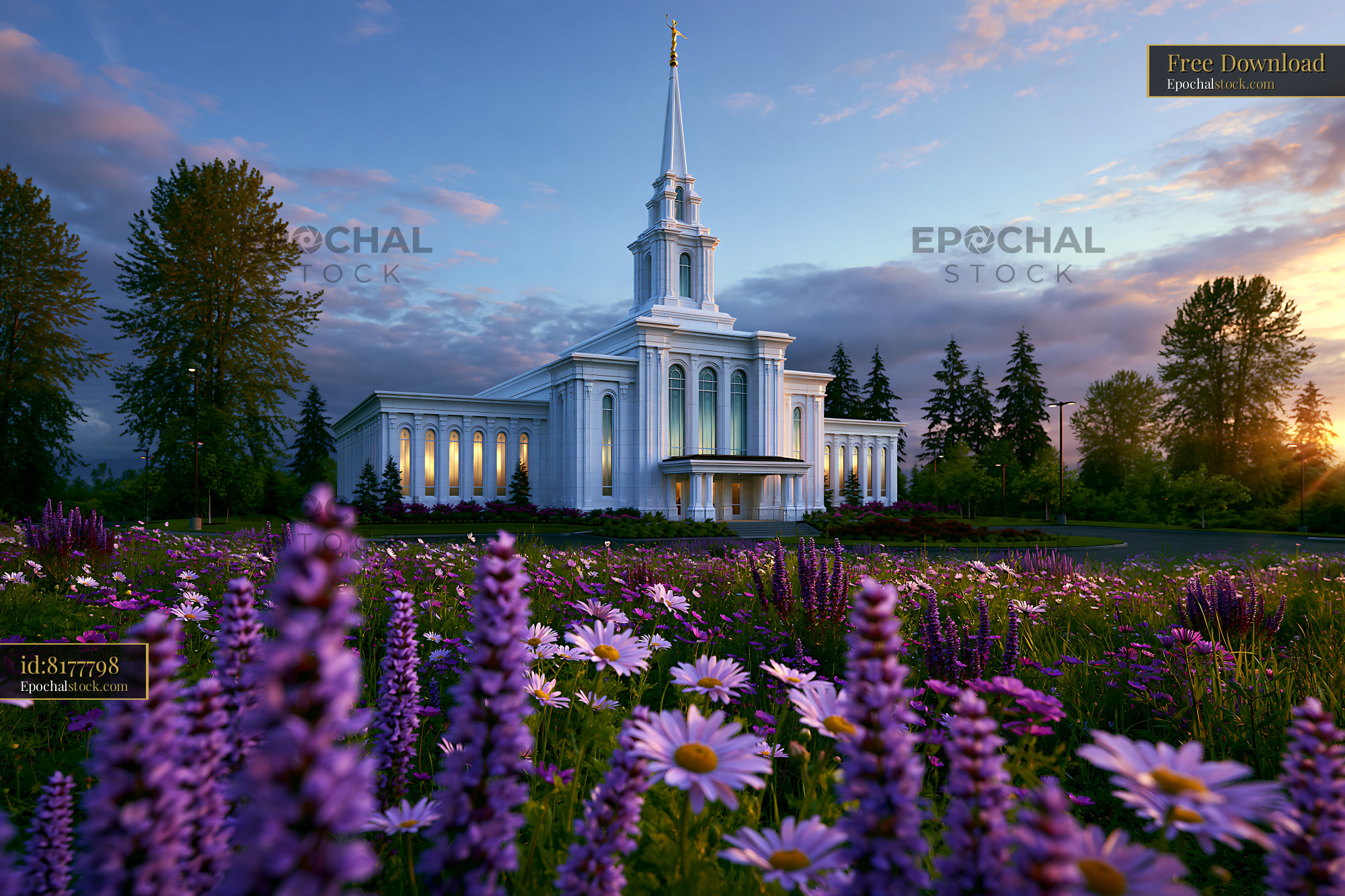 Watermarked full-resolution preview of Church building surrounded by flowers during sunset