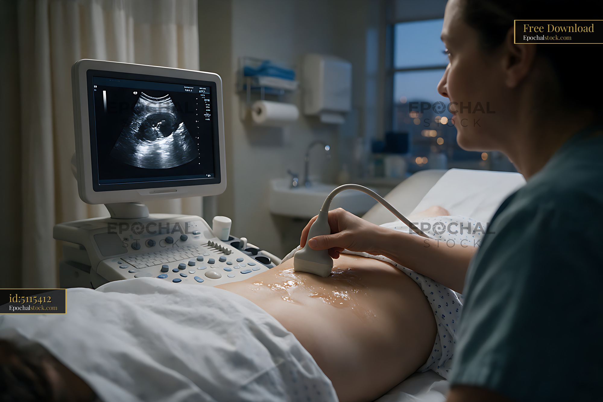 Watermarked full-resolution preview of Sonographer conducting an ultrasound examination during pregnancy