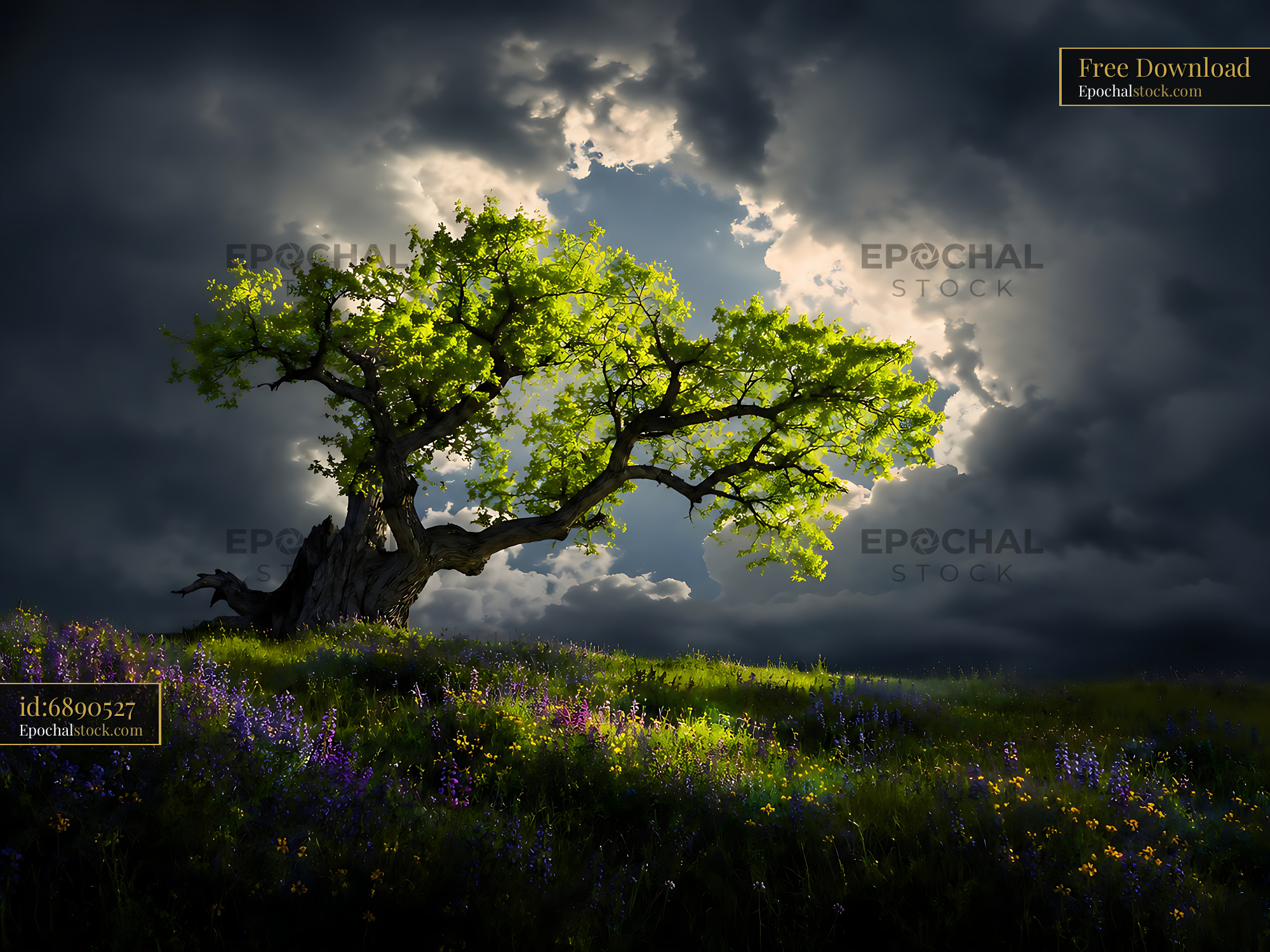 Watermarked full-resolution preview of Tree with green leaves on a grassy hill under dark clouds