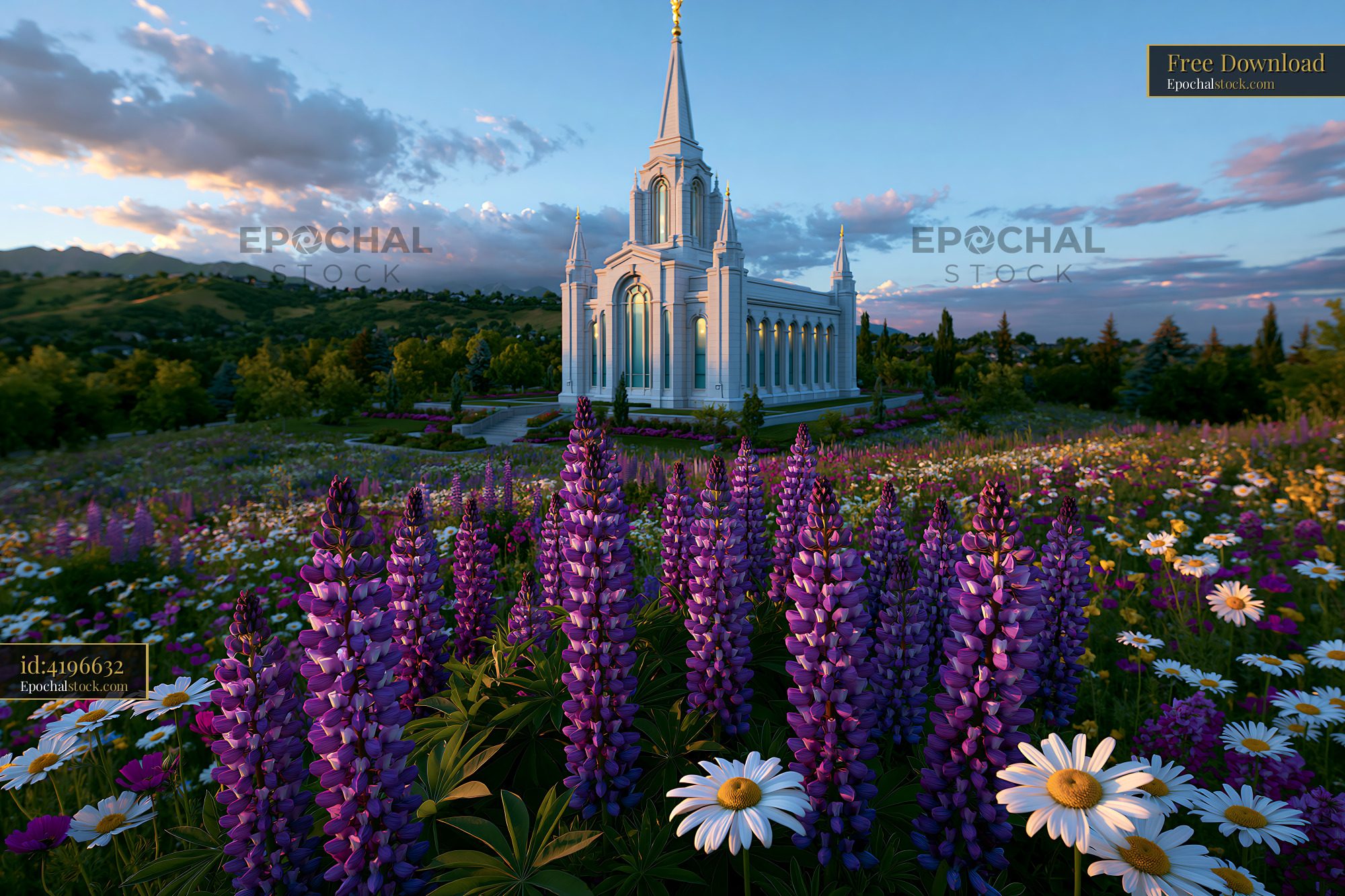 Watermarked full-resolution preview of Flowers surround a white temple under a blue sky at sunset