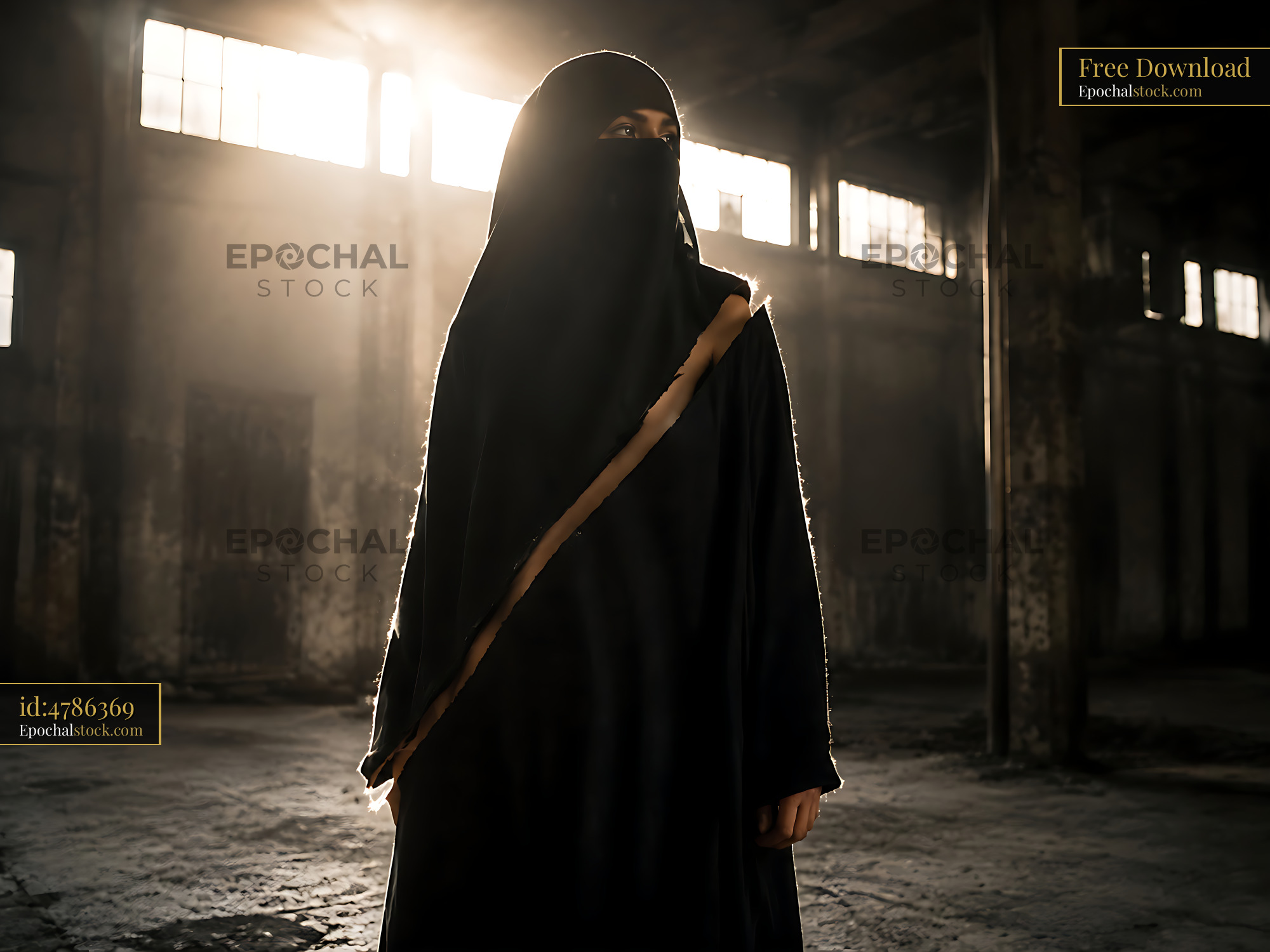 Watermarked full-resolution preview of Woman in traditional clothing standing in an industrial space
