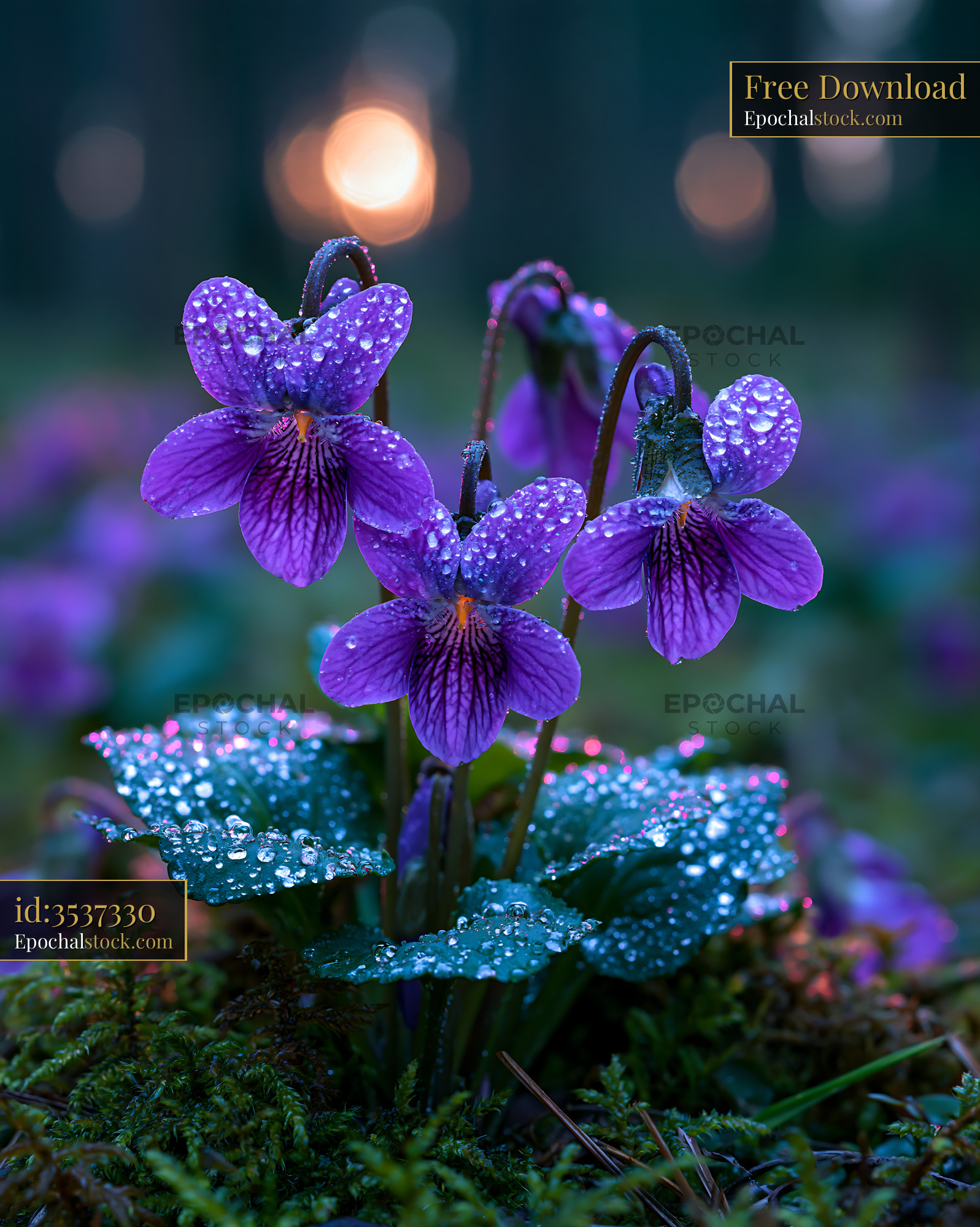 Watermarked full-resolution preview of Purple flowers with dewdrops in a forest at sunset