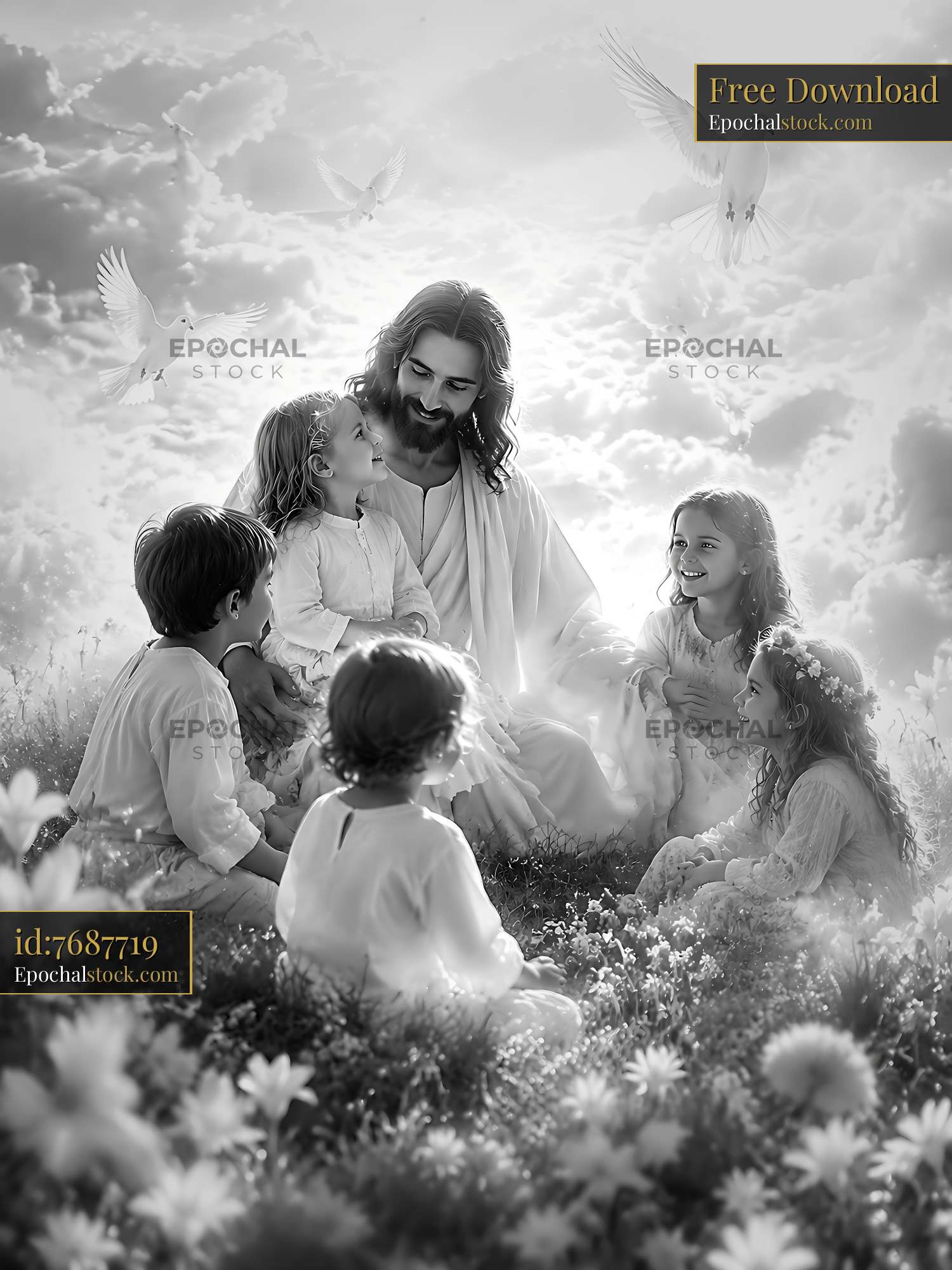 Watermarked full-resolution preview of Children gather around Jesus in a serene garden setting