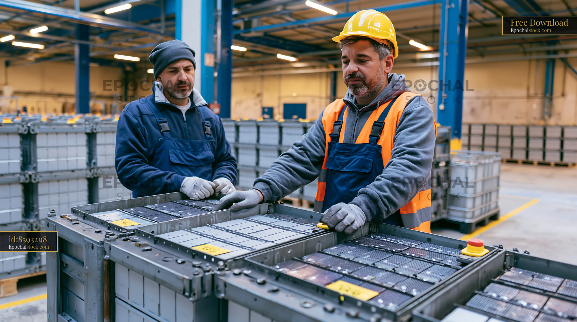 Watermarked full-resolution preview of Workers handling batteries in a factory setting