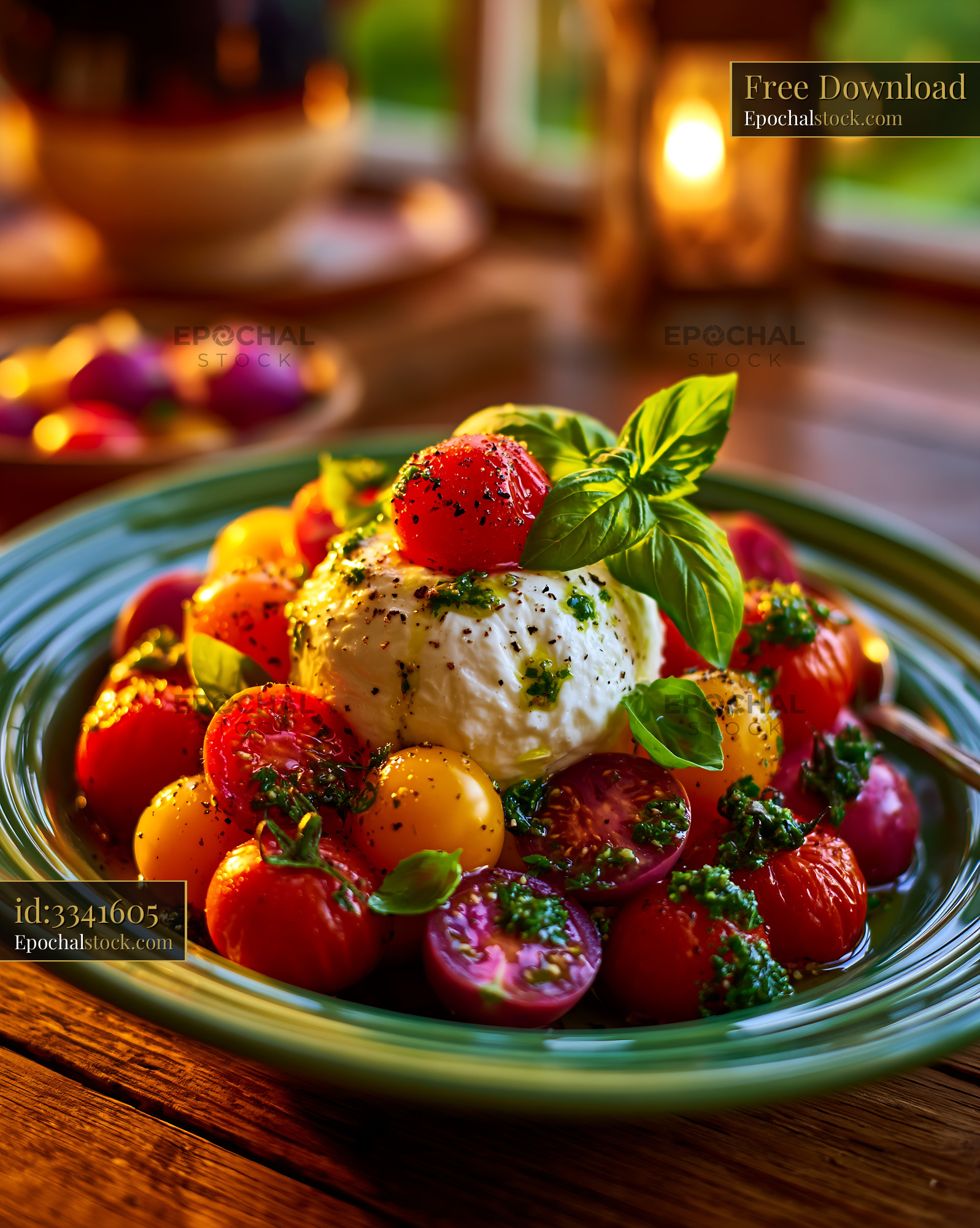 Watermarked full-resolution preview of Fresh burrata and tomato salad with basil