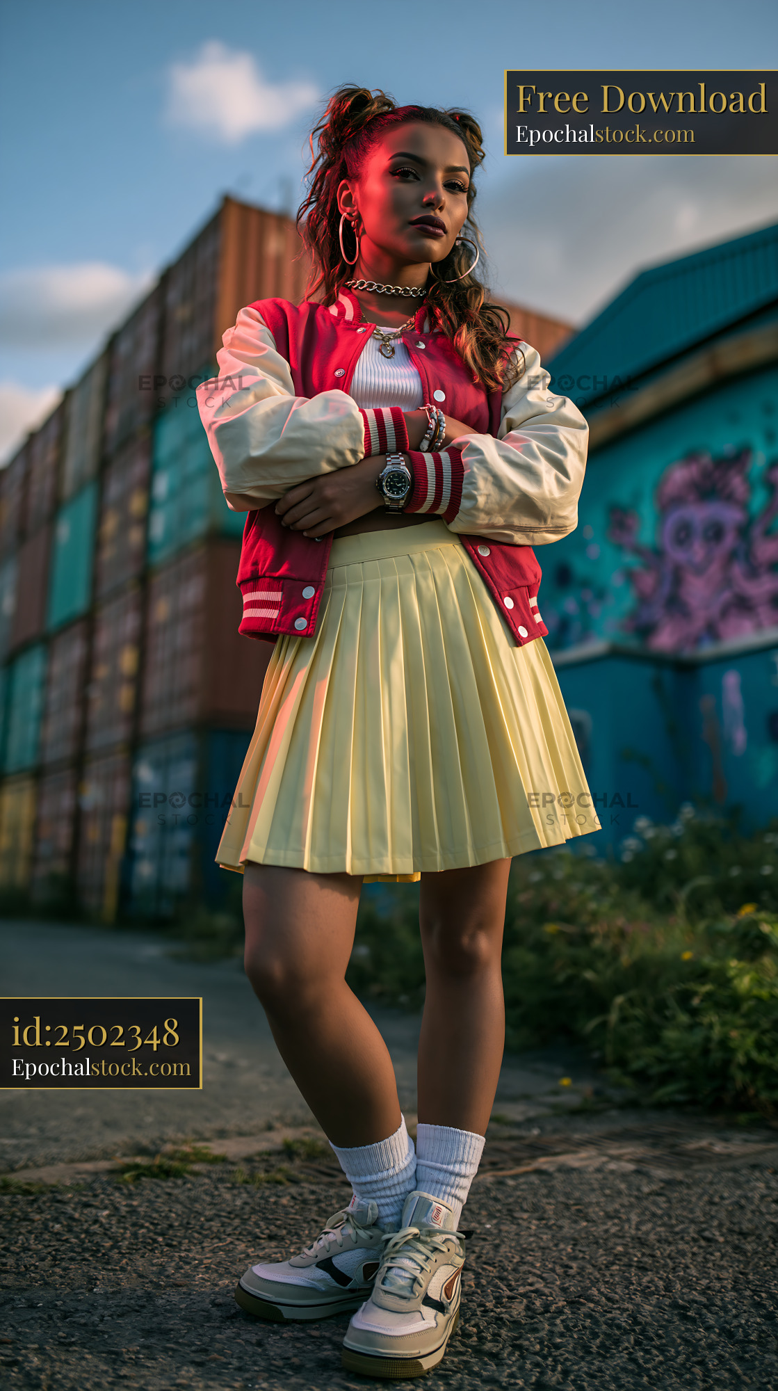 Watermarked full-resolution preview of Young girl in a red and white varsity jacket and yellow skirt