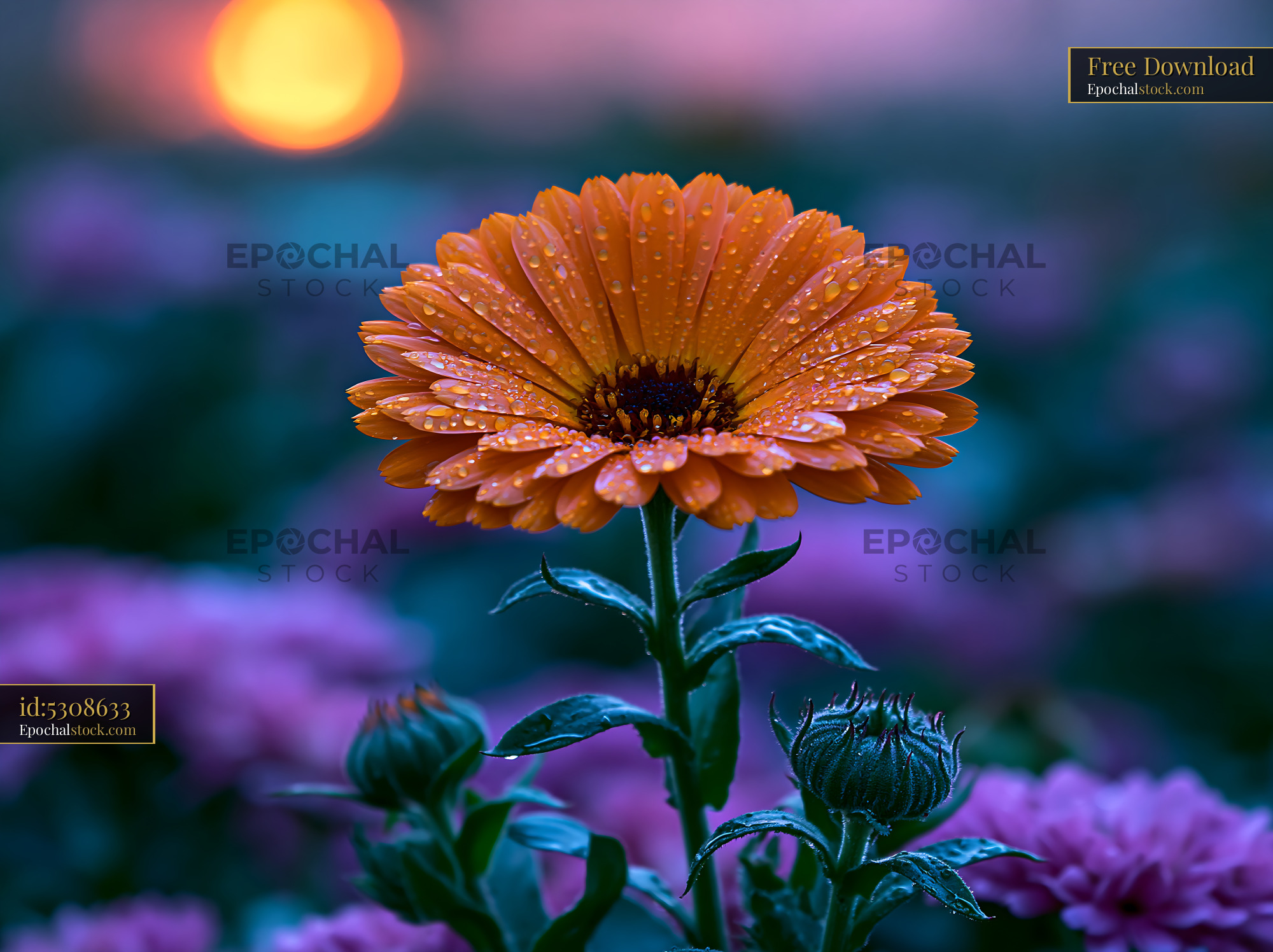 Watermarked full-resolution preview of Orange flower with dew at sunset in a garden