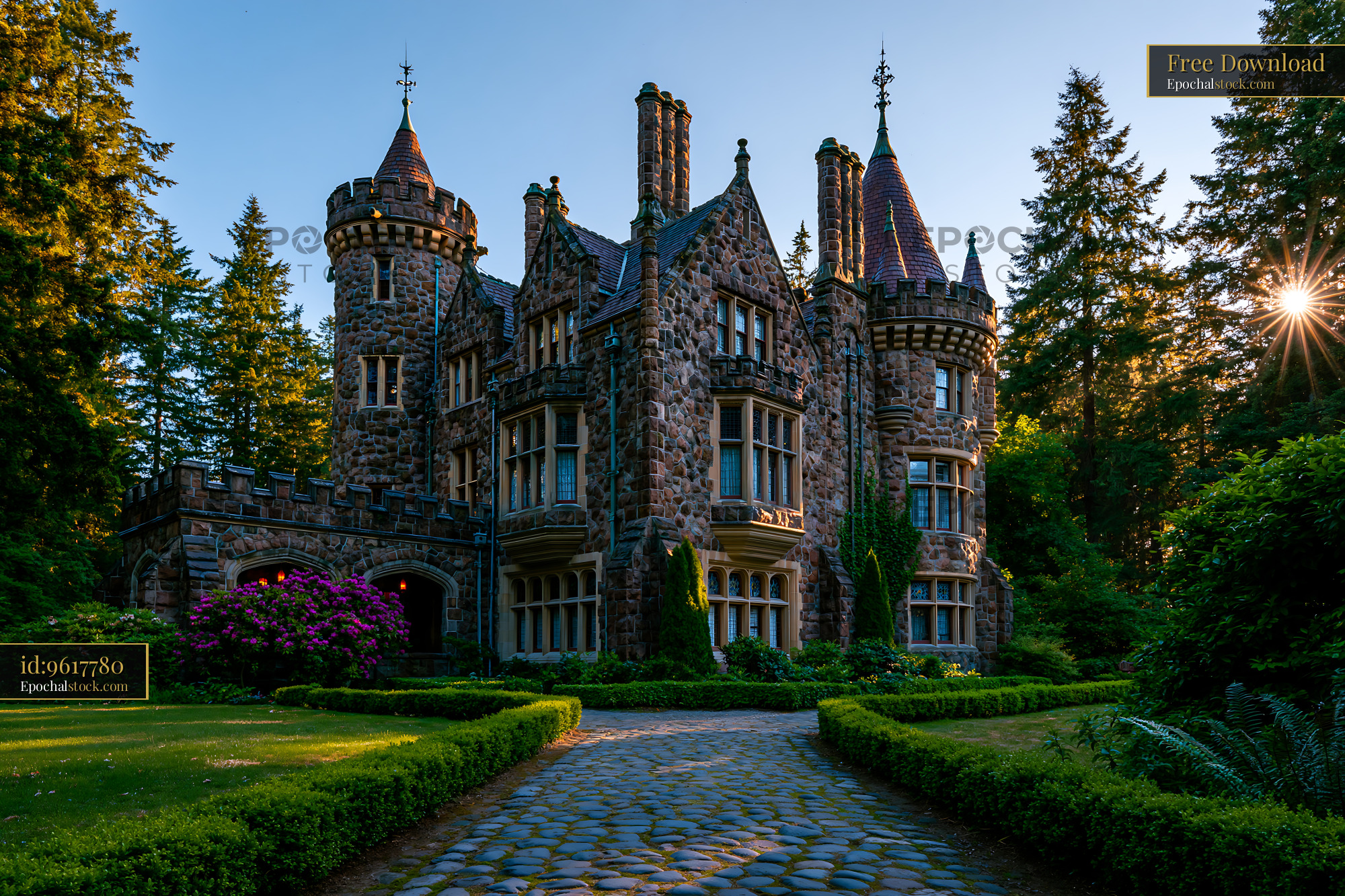 Watermarked full-resolution preview of Castle surrounded by trees and garden at sunset