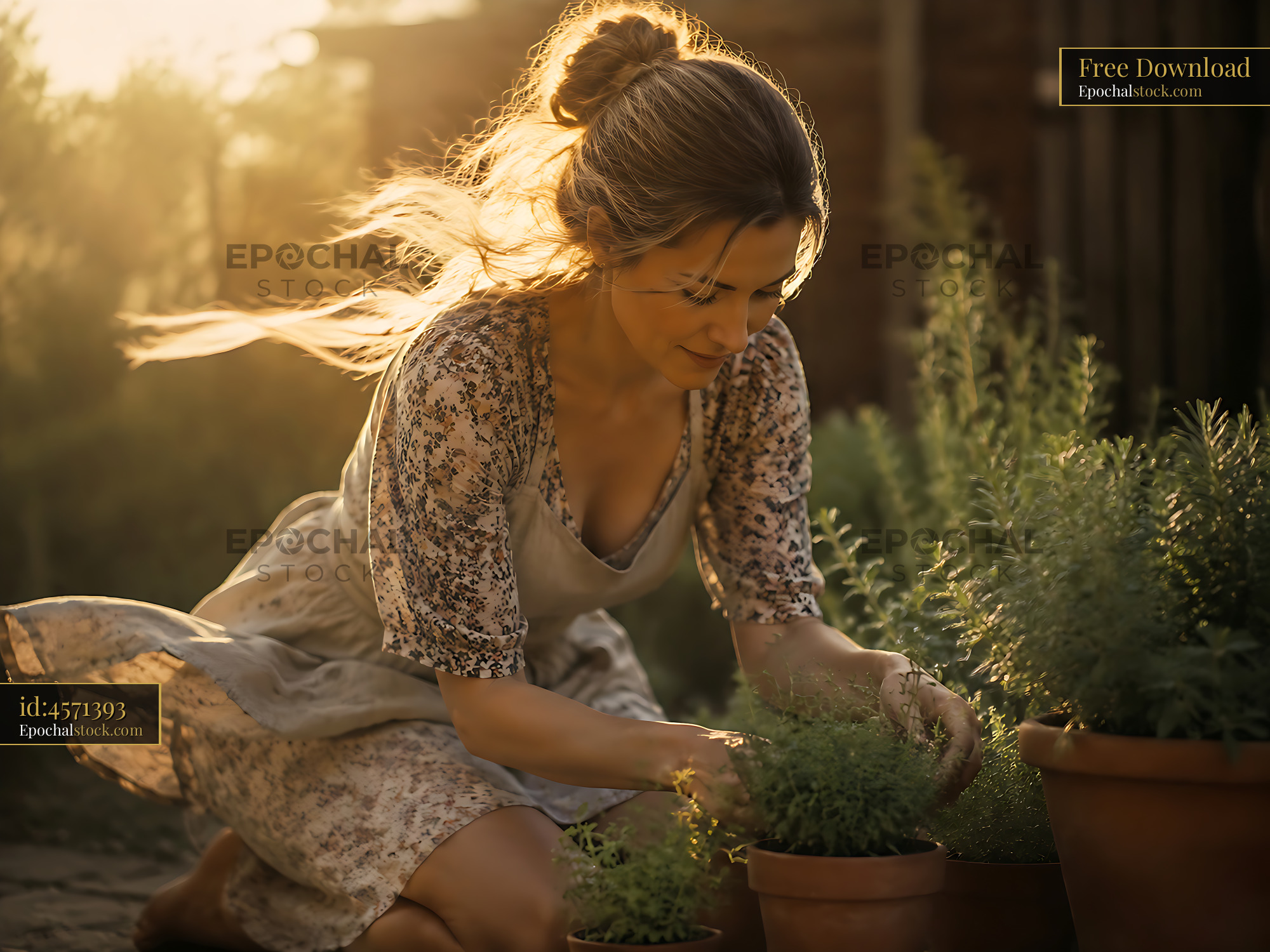 Watermarked full-resolution preview of Woman tending to potted herbs in sunny garden setting