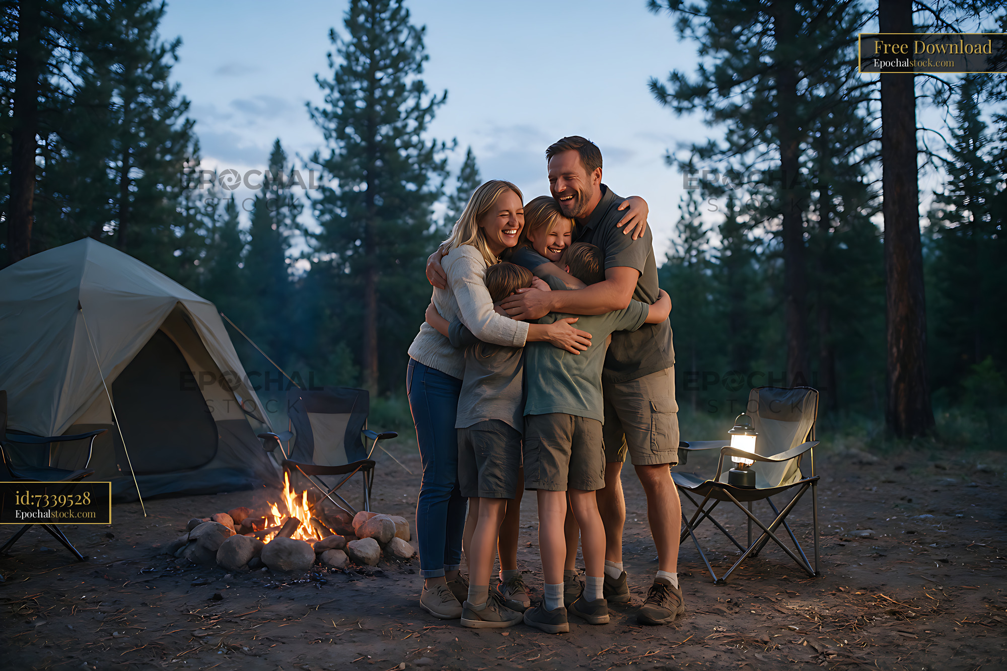 Watermarked full-resolution preview of Joyful family embrace beside a campfire