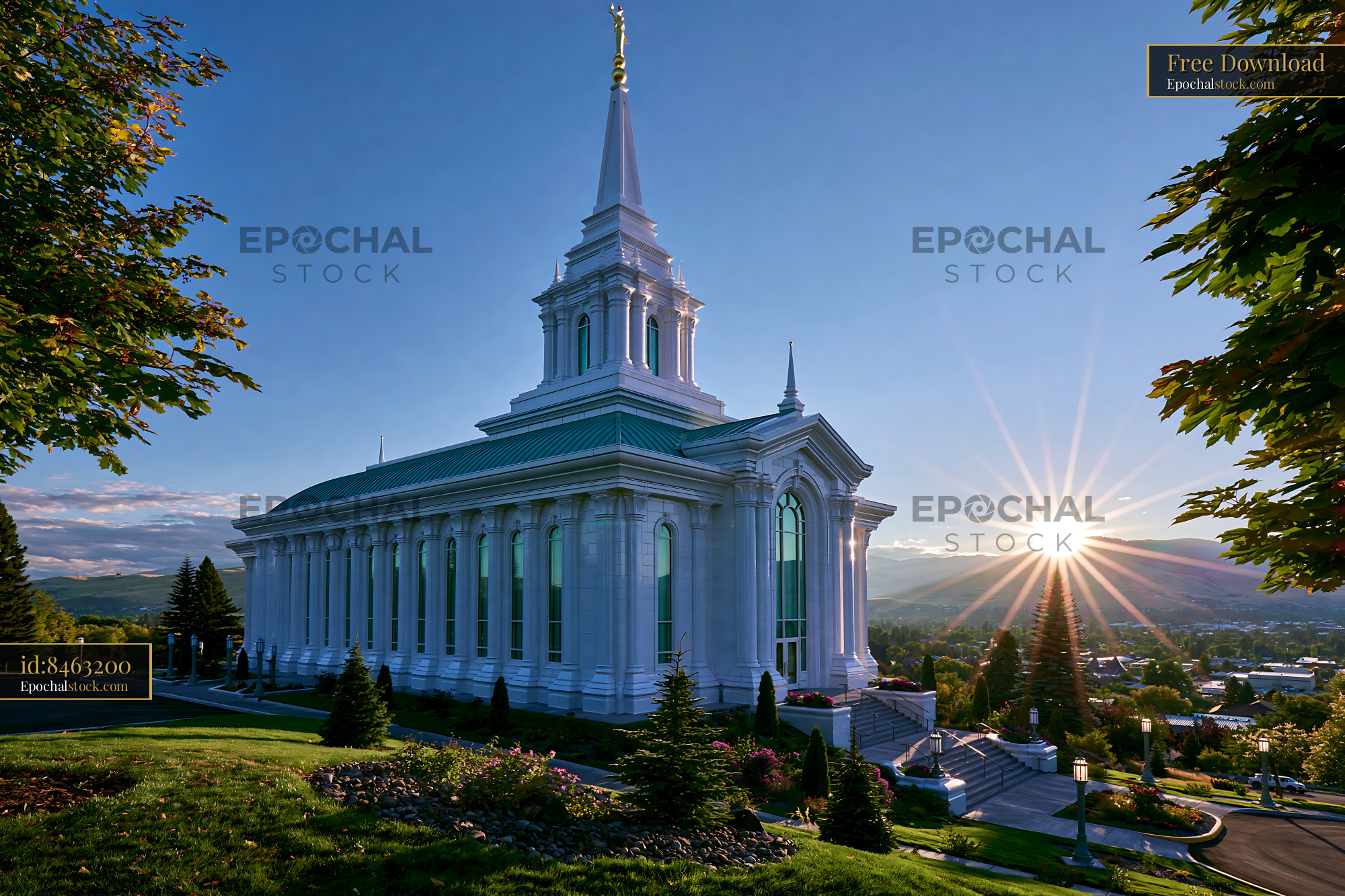 Photorealistic Architecture of a Temple at Sunset in Missoula, USA - stock photo