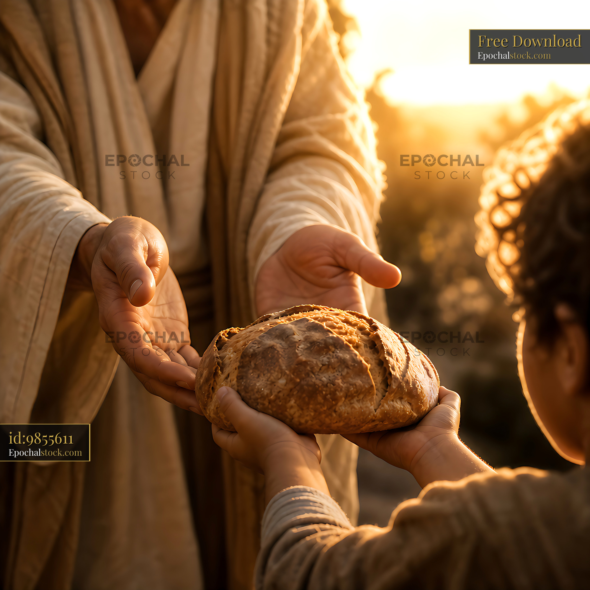 Watermarked full-resolution preview of Sharing bread in the countryside at sunset