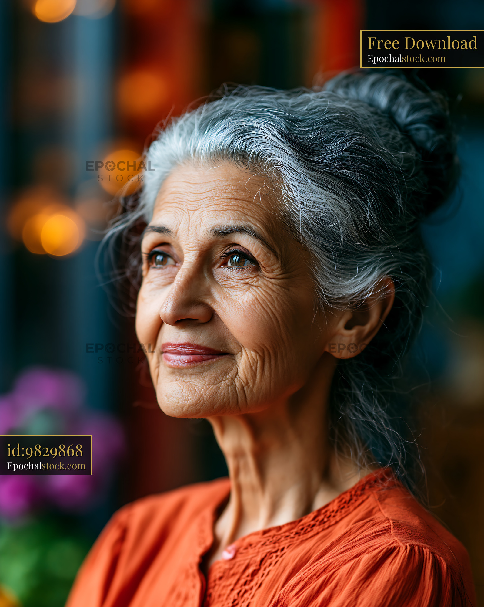 Watermarked full-resolution preview of Elderly woman with gray hair looking thoughtfully outdoors