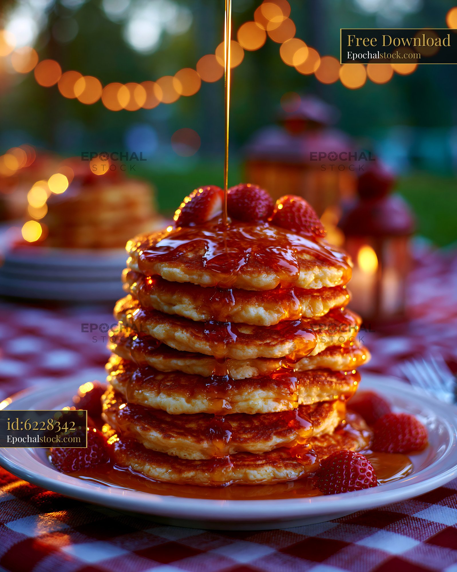 Watermarked full-resolution preview of Stack of pancakes with syrup and strawberries on a plate