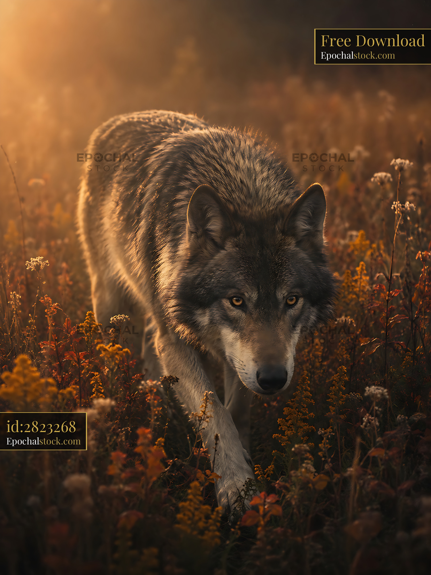 Watermarked full-resolution preview of Wolf walking through a field during sunset