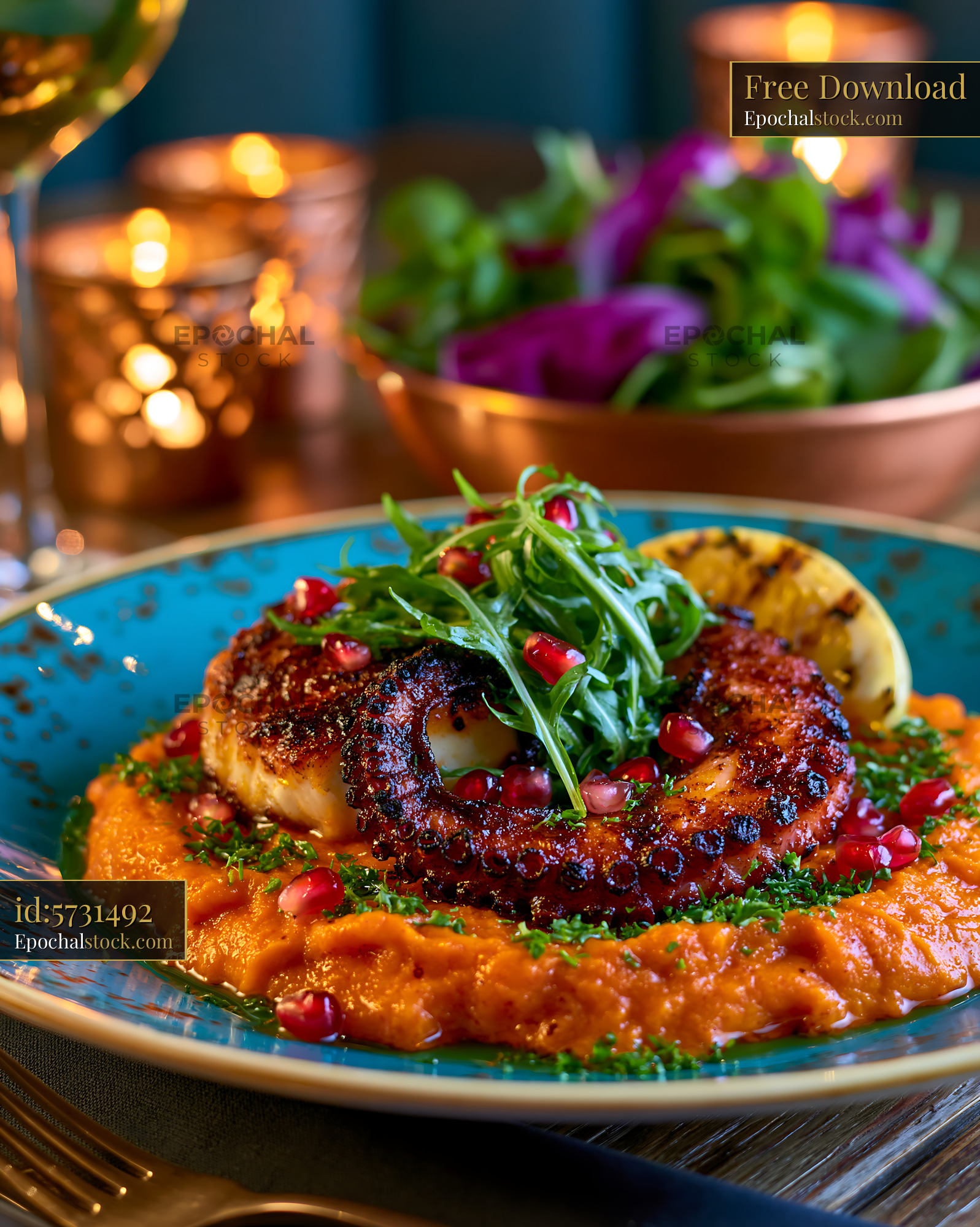 Watermarked full-resolution preview of Grilled octopus served on sweet potato puree with salad and garnishes