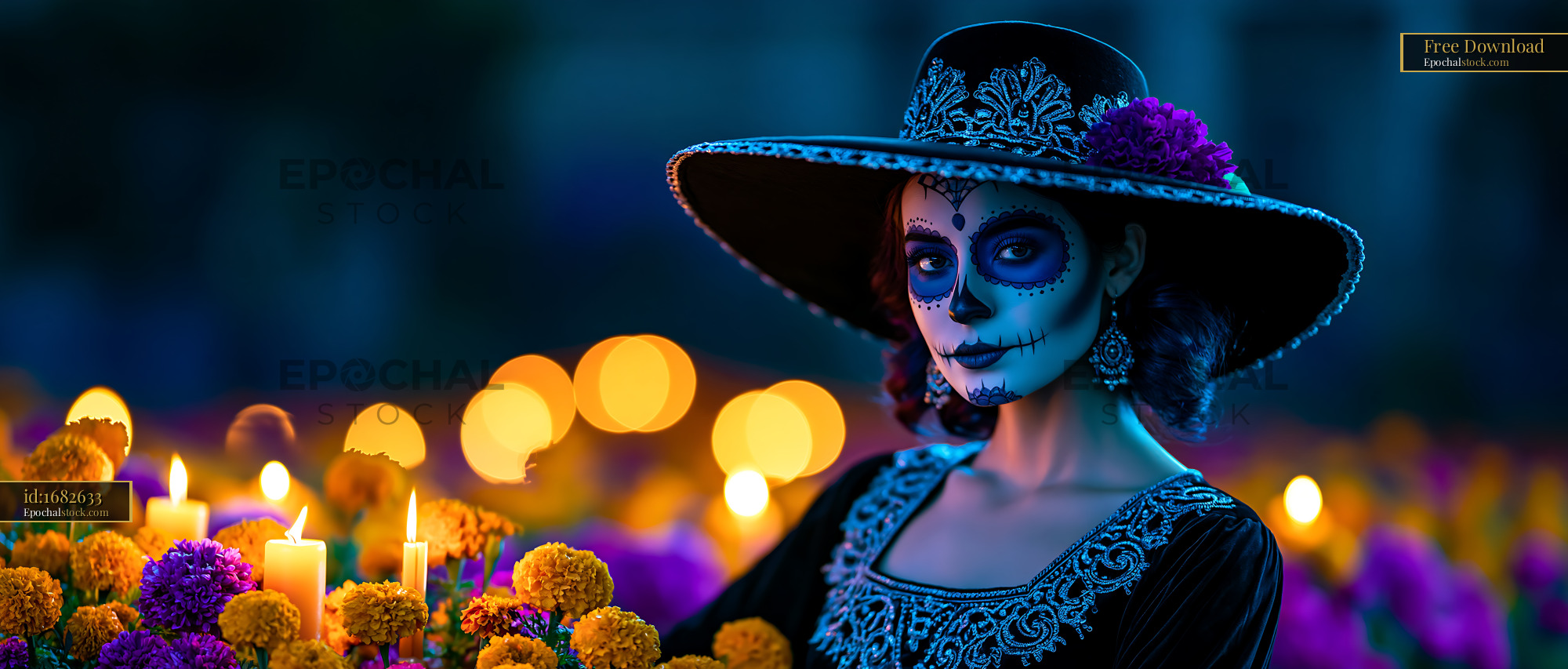 Watermarked full-resolution preview of Woman in traditional dress celebrating Day of the Dead festival