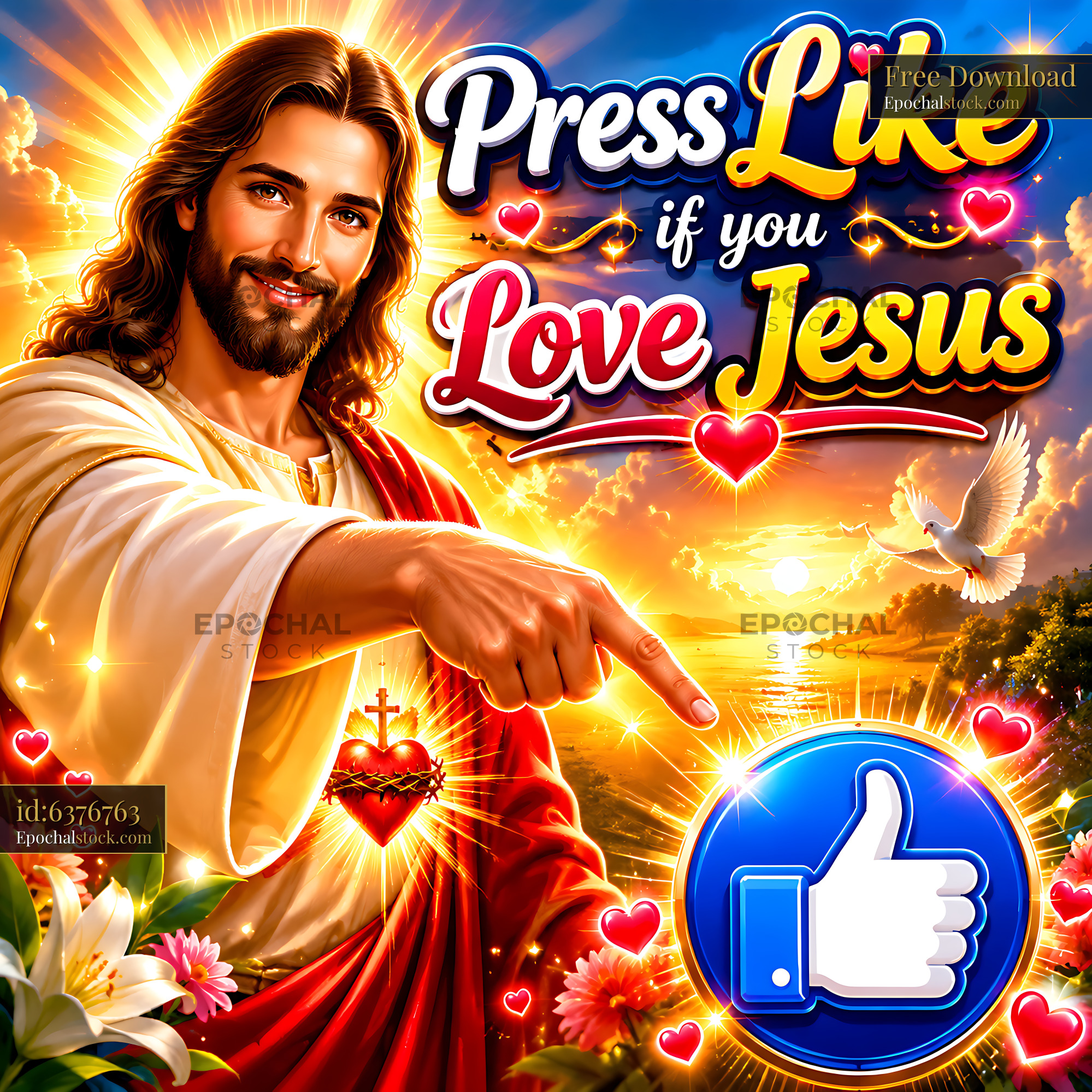 Watermarked full-resolution preview of Jesus with thumbs up and vibrant background