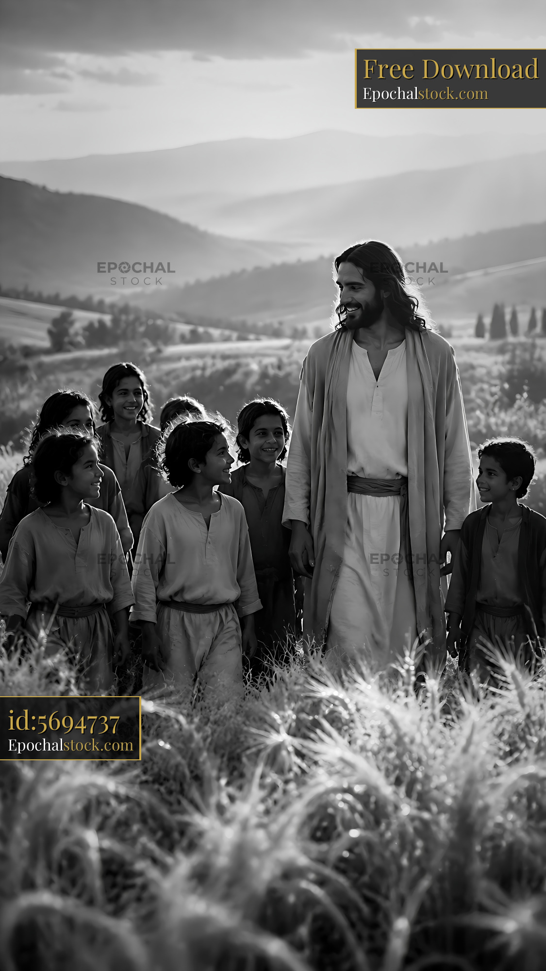 Watermarked full-resolution preview of Jesus walks among children in a field