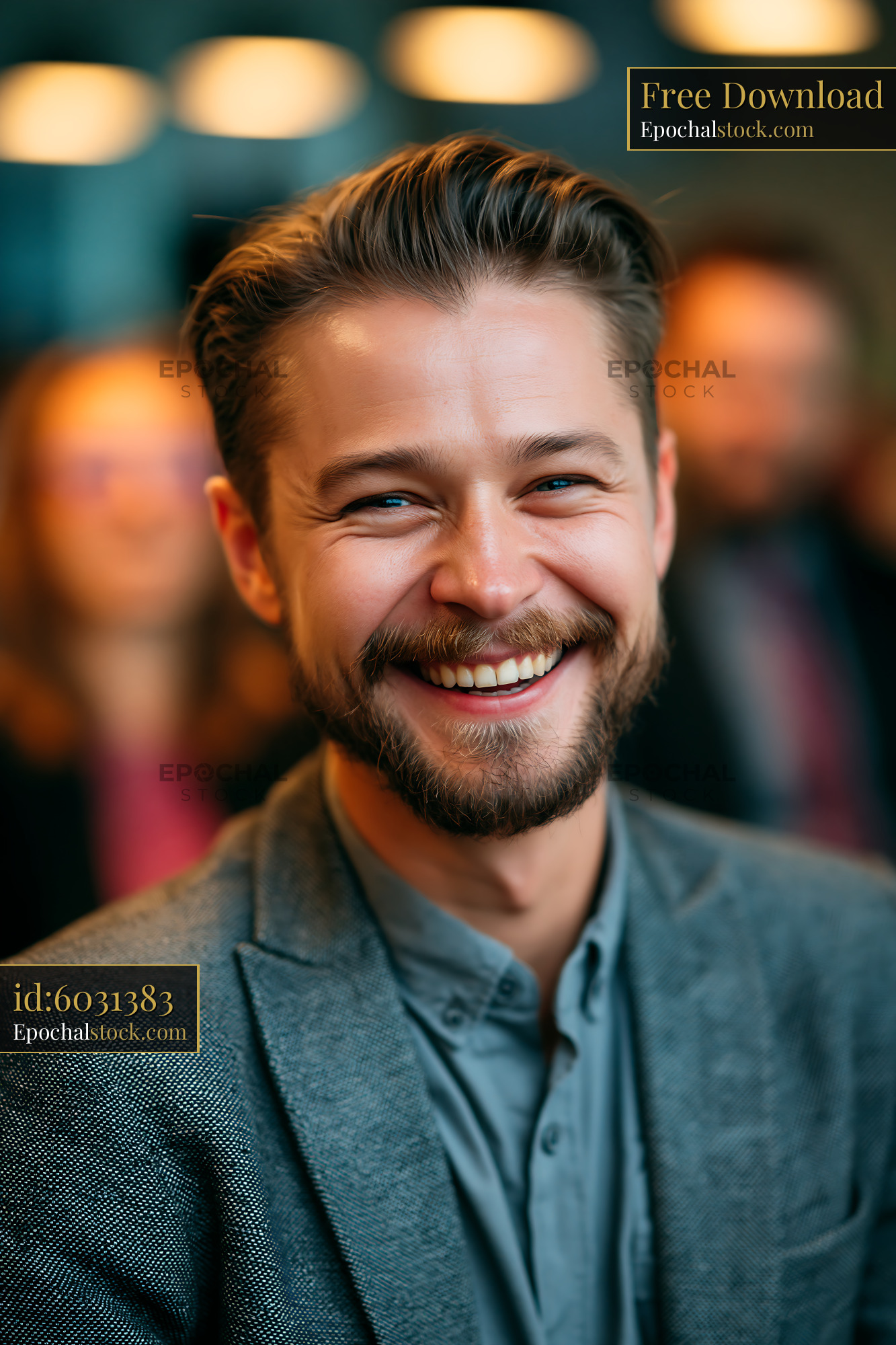 Watermarked full-resolution preview of Man smiling in a blazer at a social event indoors