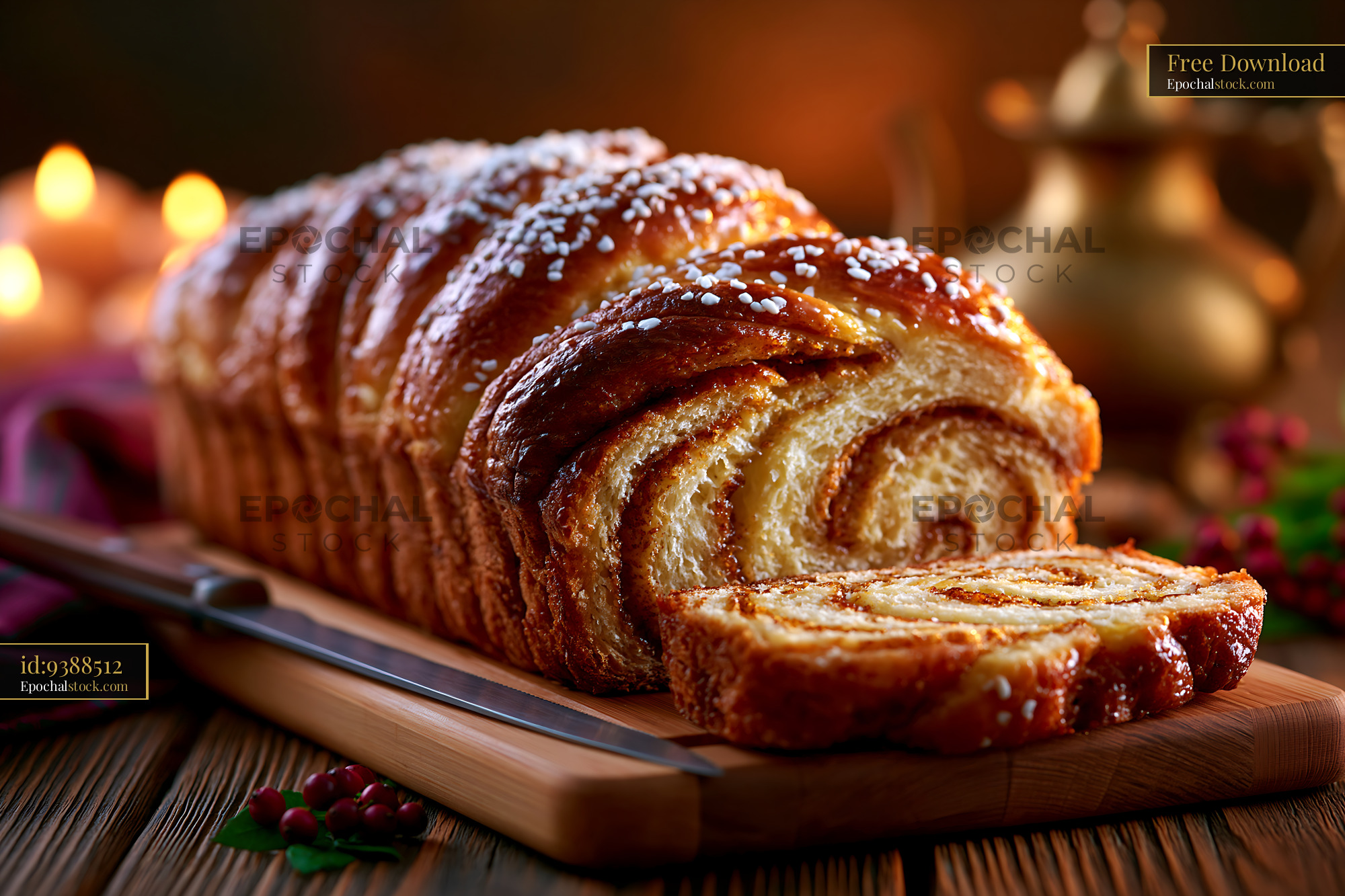 Watermarked full-resolution preview of Freshly baked sweet bread on wooden board with decorative lighting