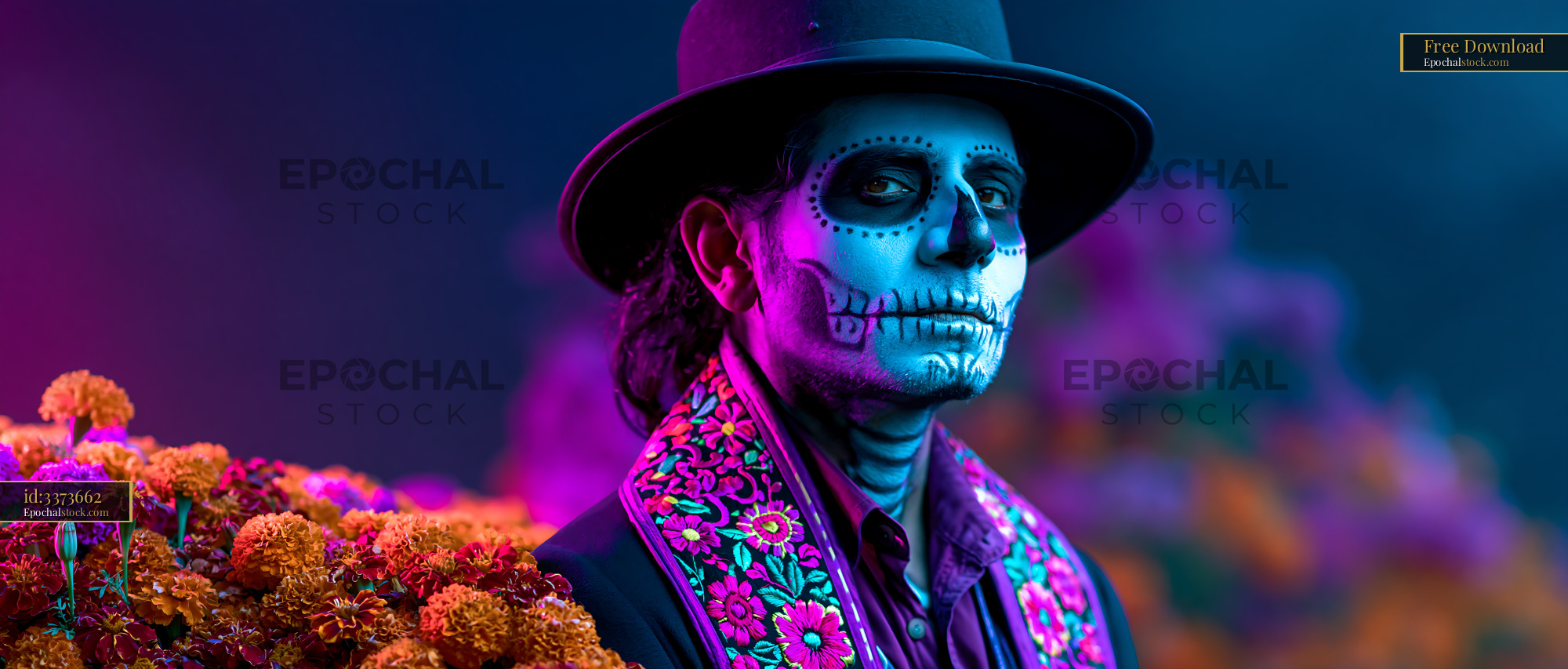 Watermarked full-resolution preview of Colorful portrait of a face-painted man among flowers