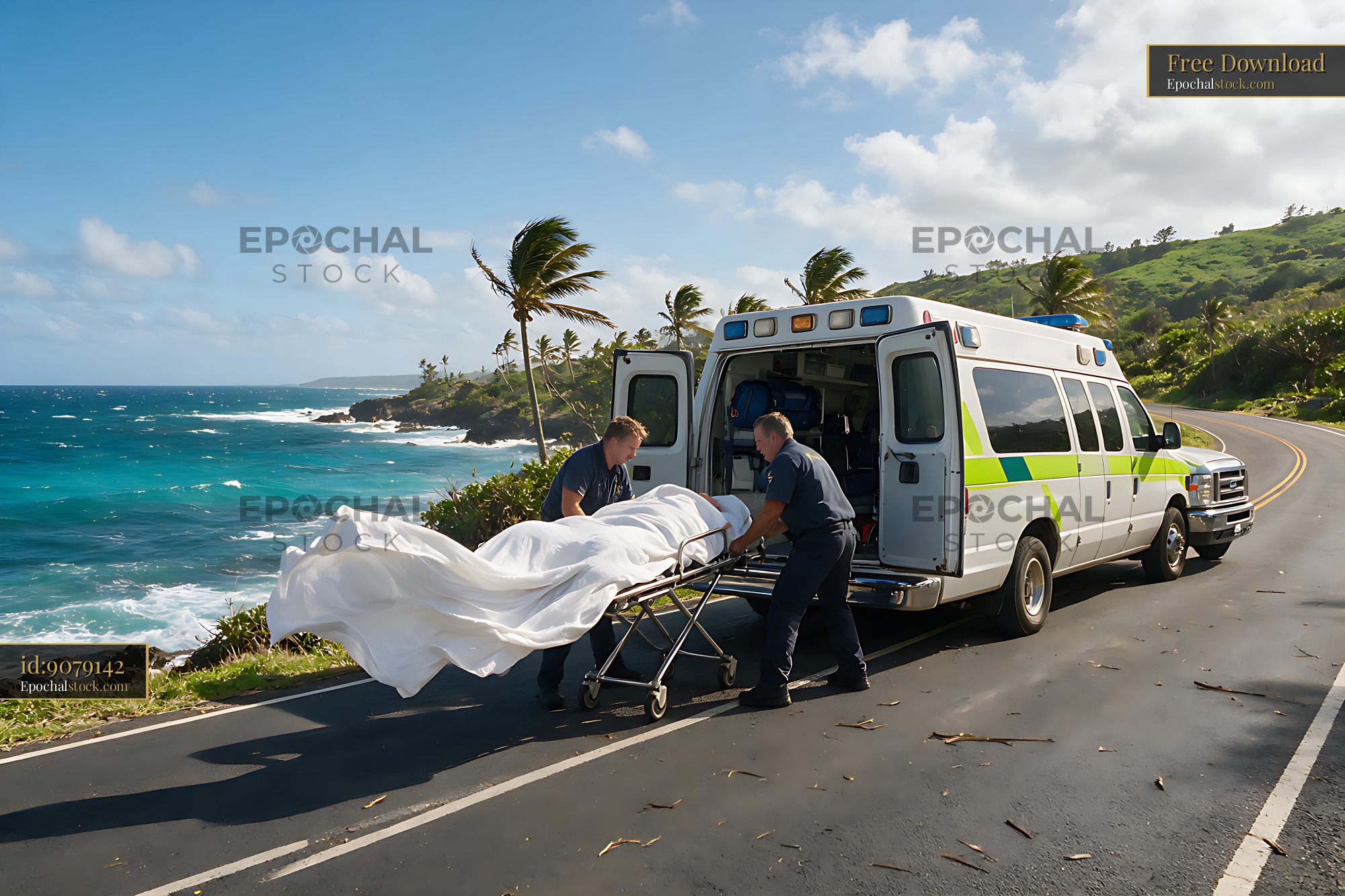 Watermarked full-resolution preview of Emergency workers loading stretcher into ambulance on coastal road