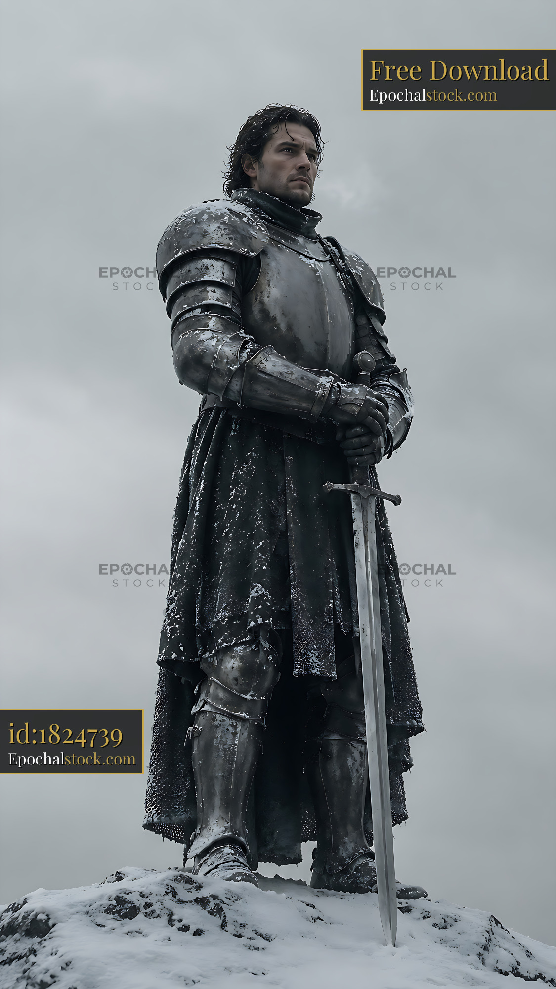 Watermarked full-resolution preview of Knight standing on a rocky cliff under cloudy skies