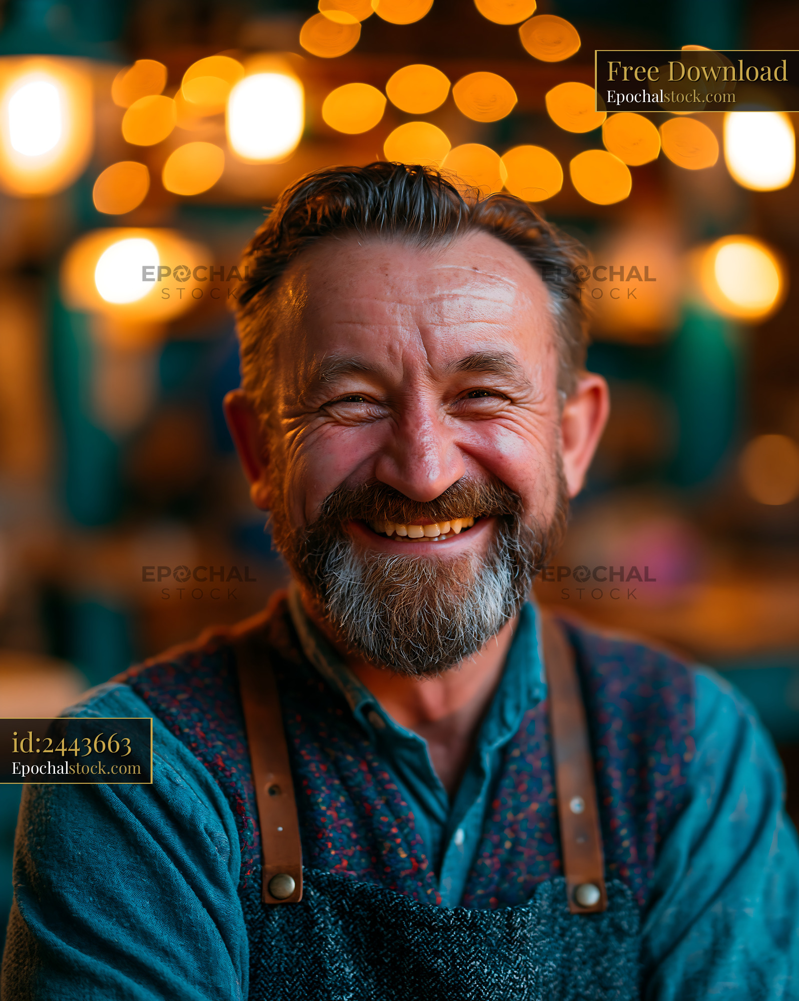 Watermarked full-resolution preview of Smiling man with beard in restaurant setting