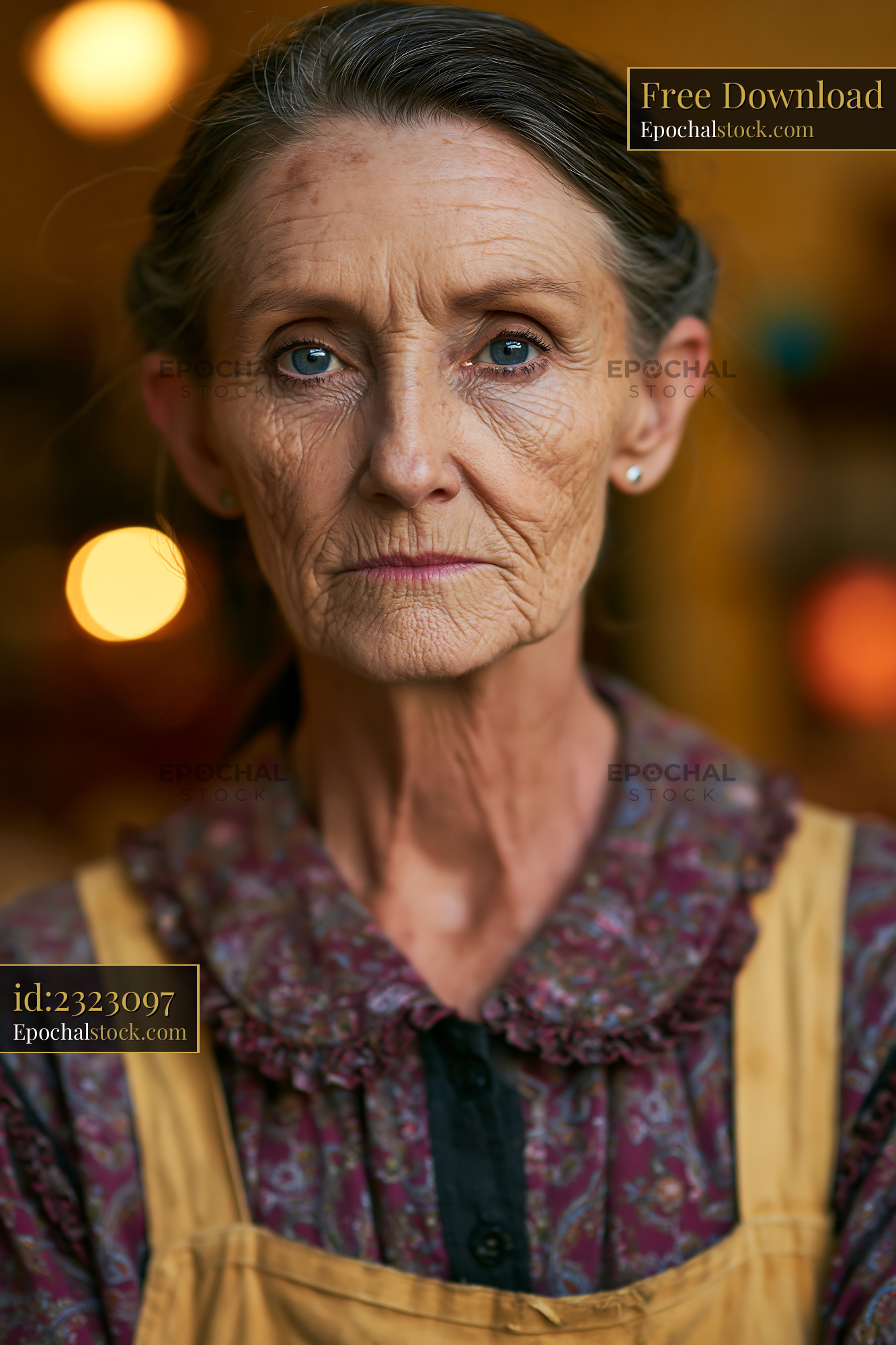 Elderly Woman With Wrinkles Looks Directly at the Camera Indoors - stock photo