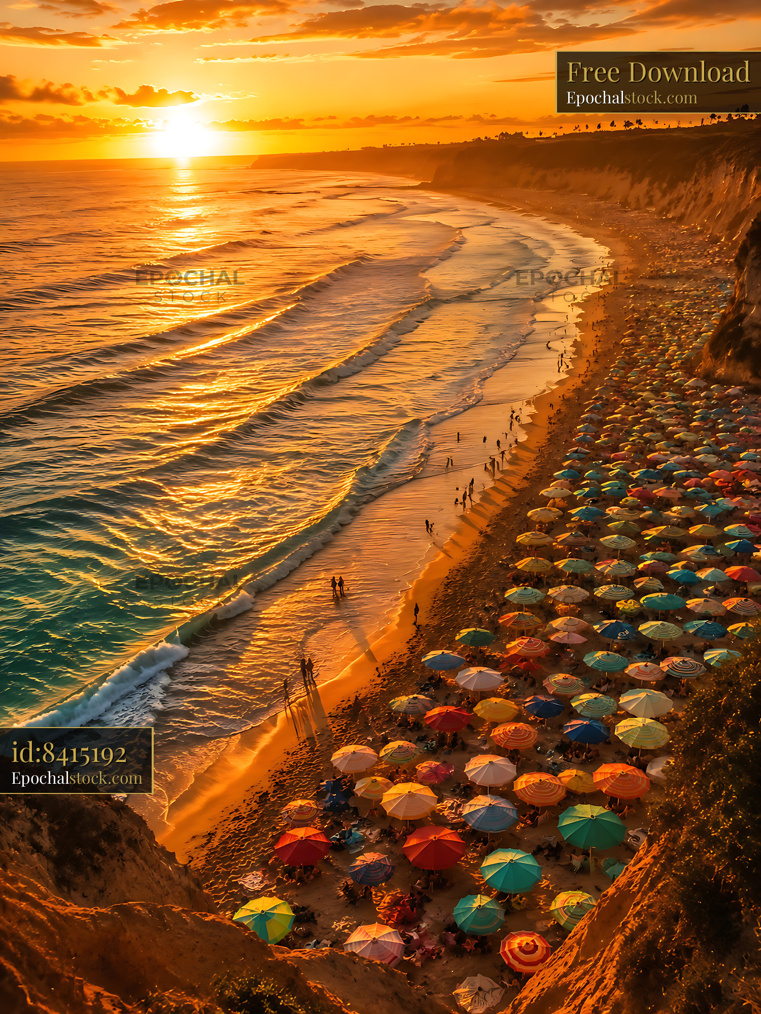 Watermarked full-resolution preview of Beach scene with colorful umbrellas and sunset over ocean