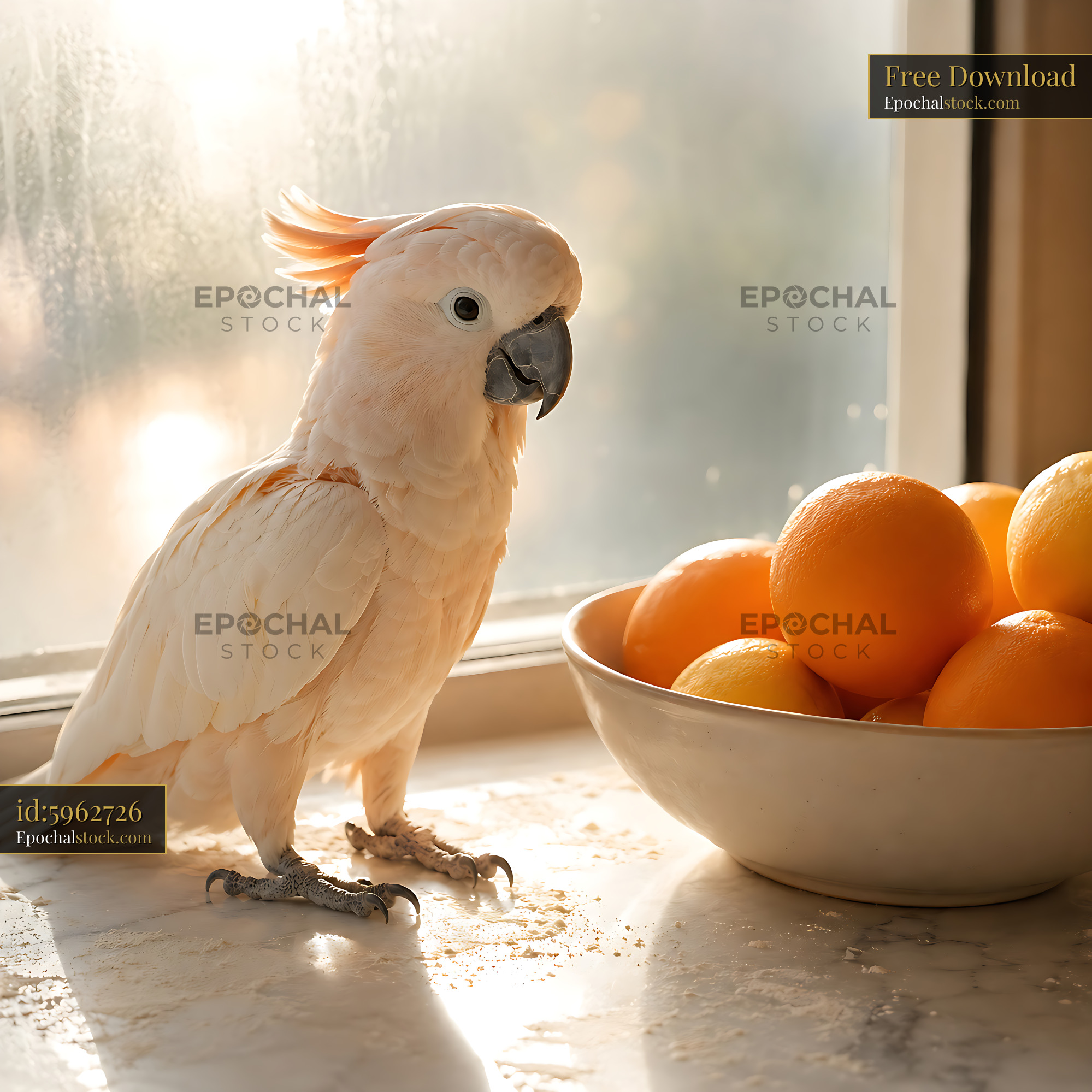Watermarked full-resolution preview of Cockatoo standing near a bowl of oranges on a kitchen counter