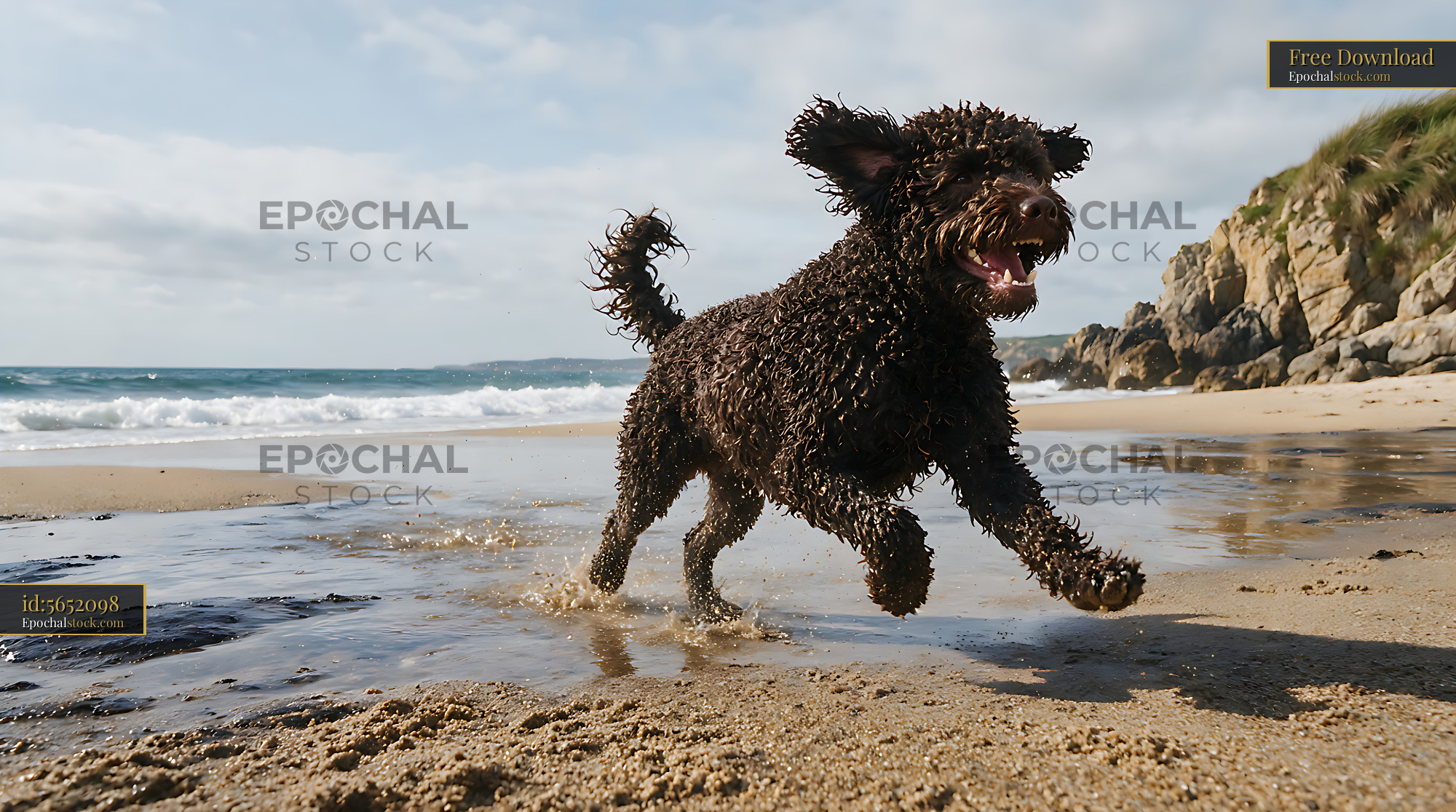 Watermarked full-resolution preview of Curly-coated dog splashing along a rocky beach