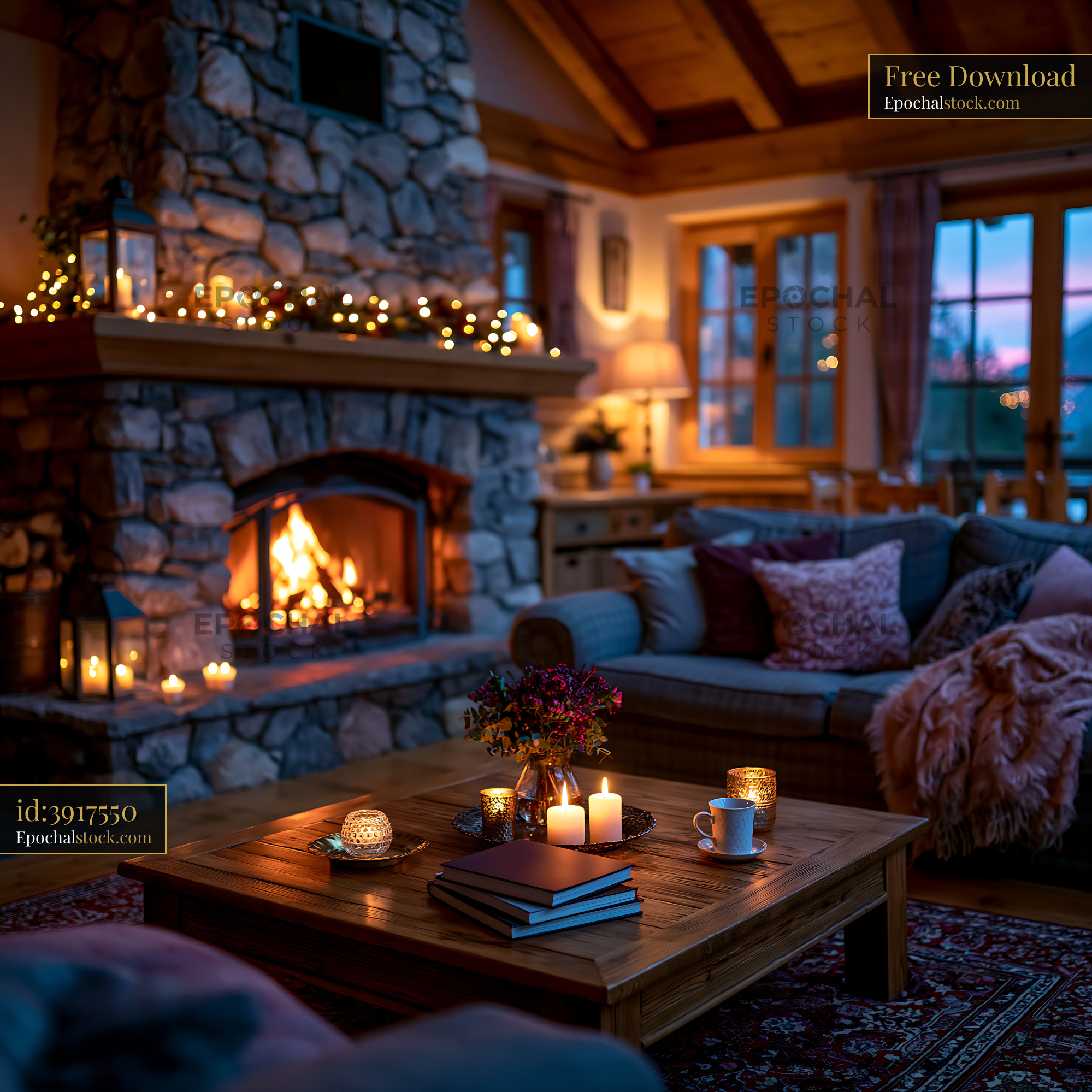 Watermarked full-resolution preview of Cozy living room with fireplace and decorative candles at dusk