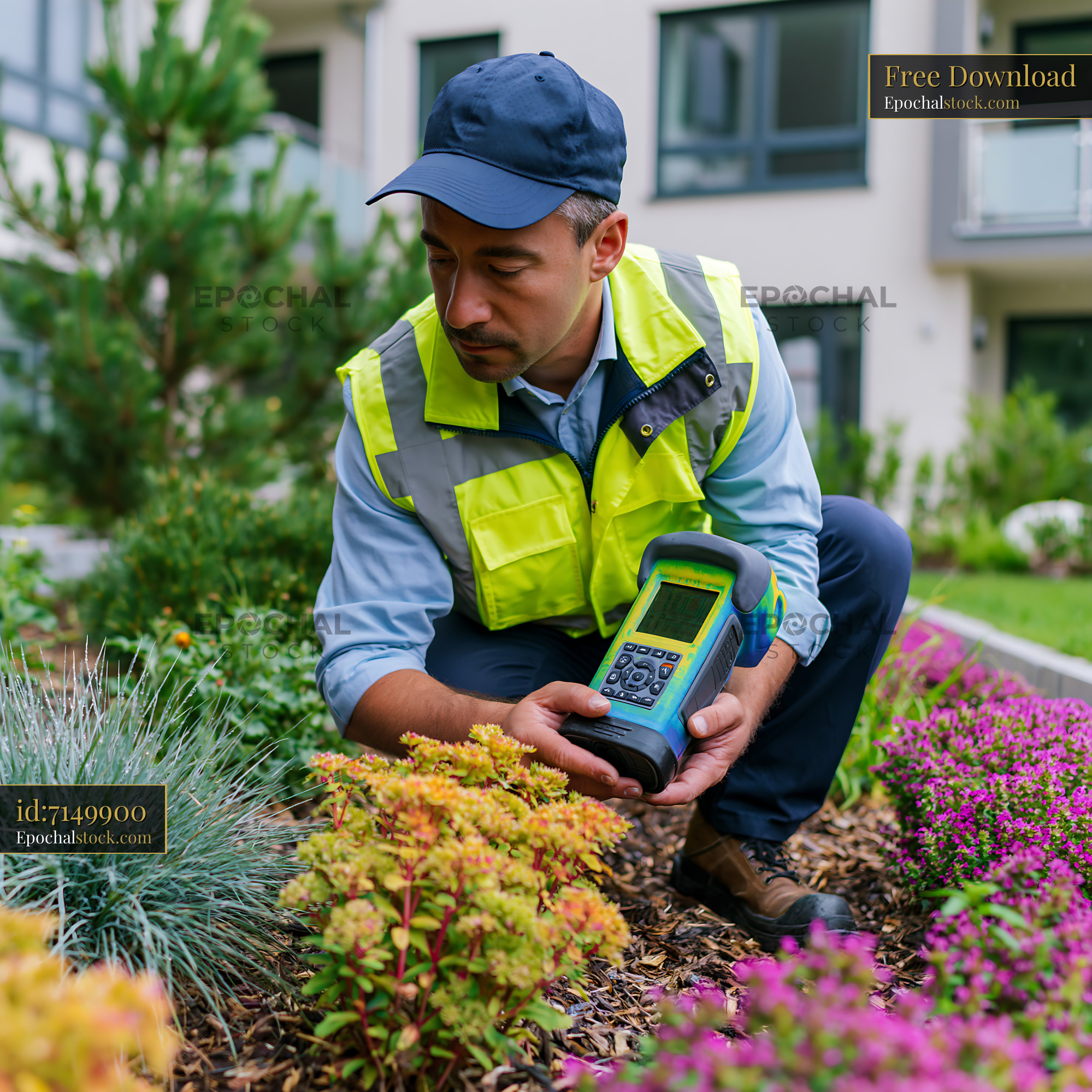 Watermarked full-resolution preview of Gardener using device to monitor plant health in urban landscape