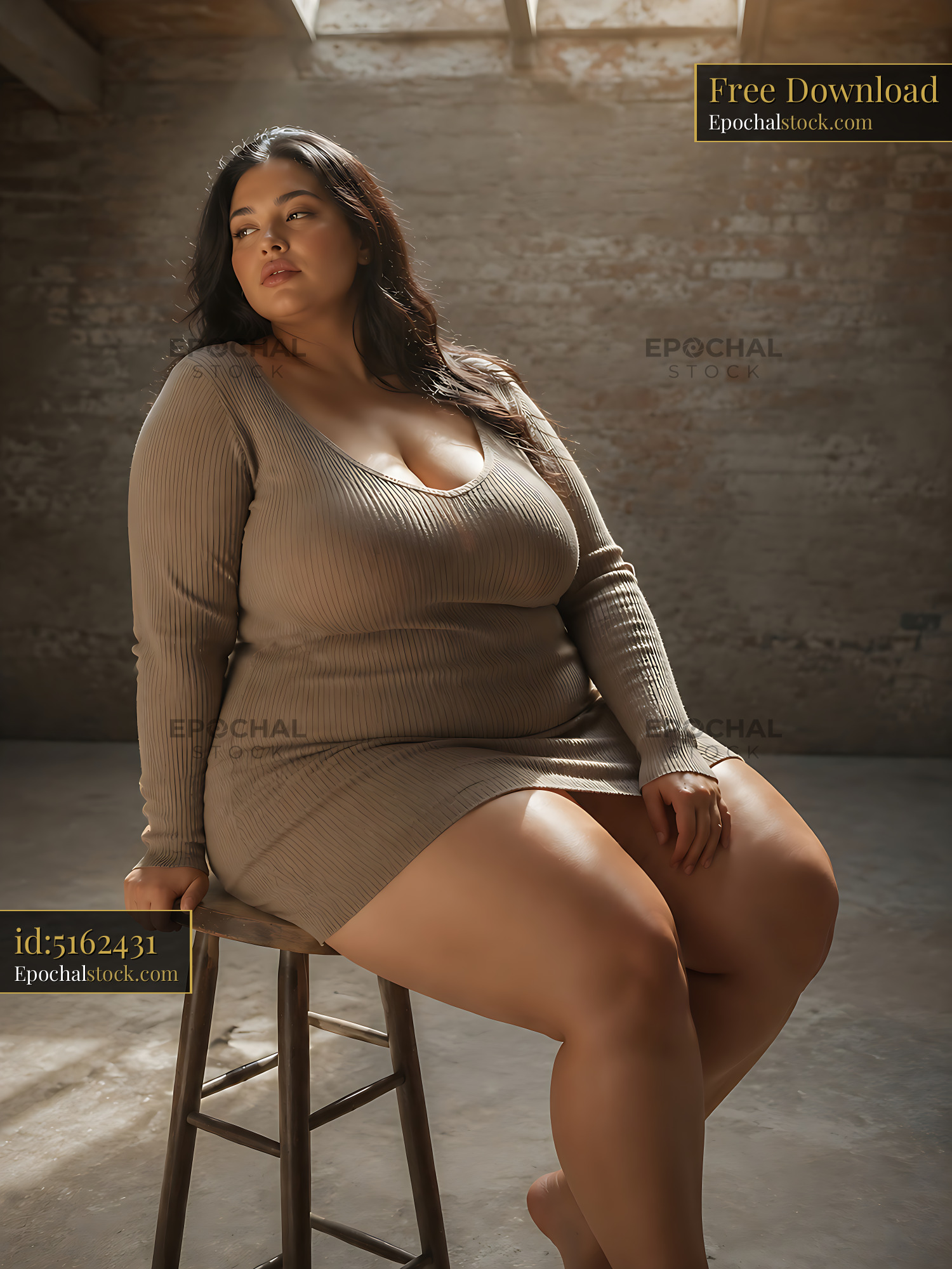 Watermarked full-resolution preview of Model sitting on stool in a studio with natural light