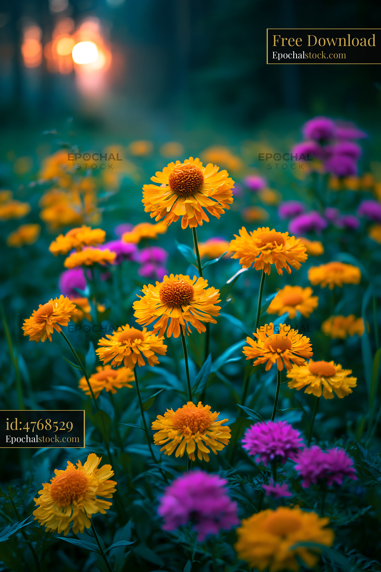 Watermarked full-resolution preview of Bright flowers in a field during sunset
