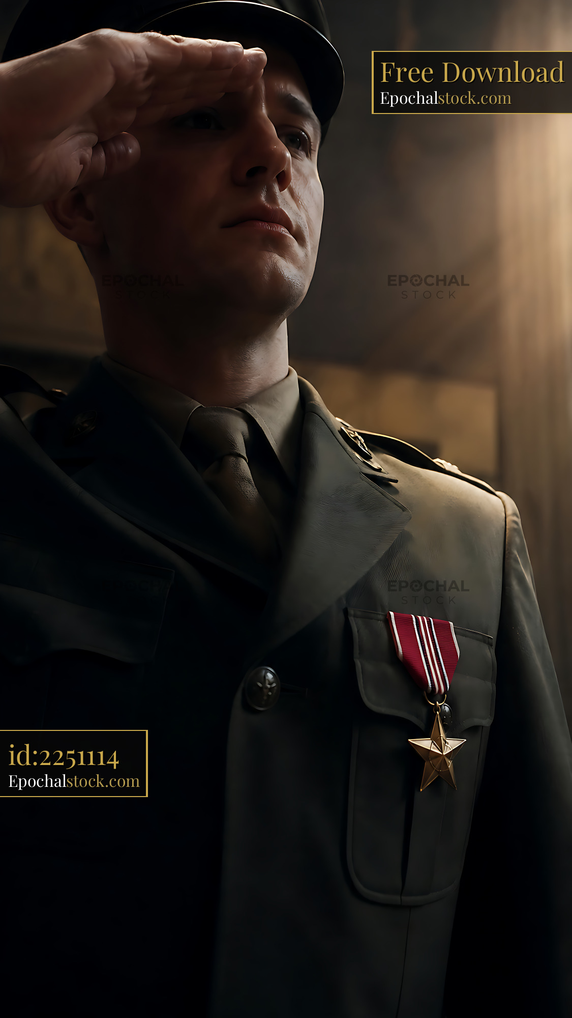 Watermarked full-resolution preview of Soldier saluting with medals in formal uniform