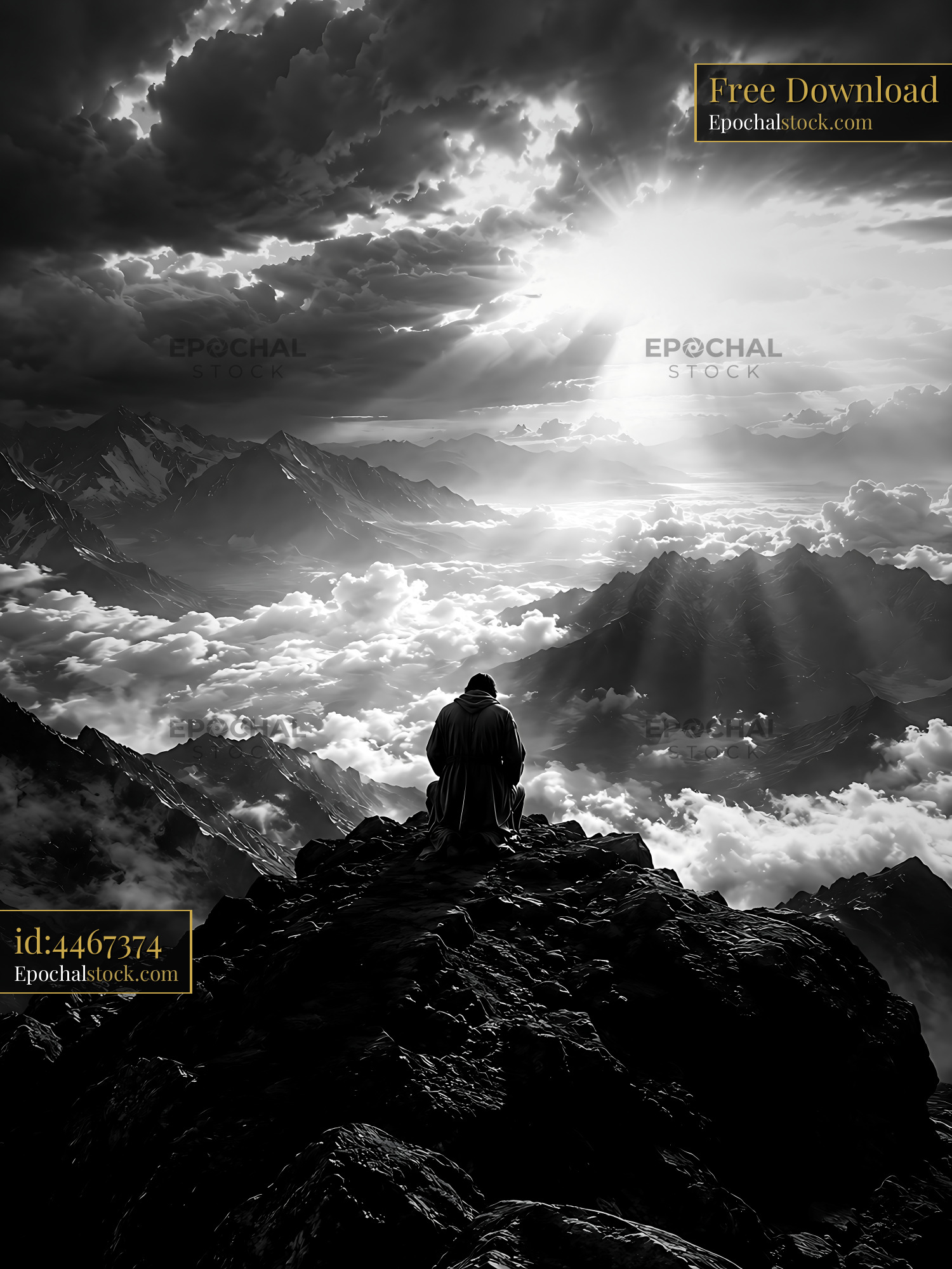 Watermarked full-resolution preview of Man sitting on mountain peak overlooking clouds and valleys